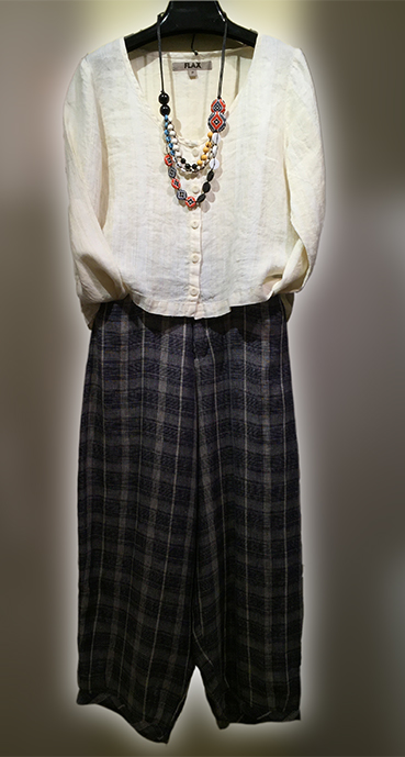 Flax line blouse over Mes Soeurs et Moi pants in navy and stone check