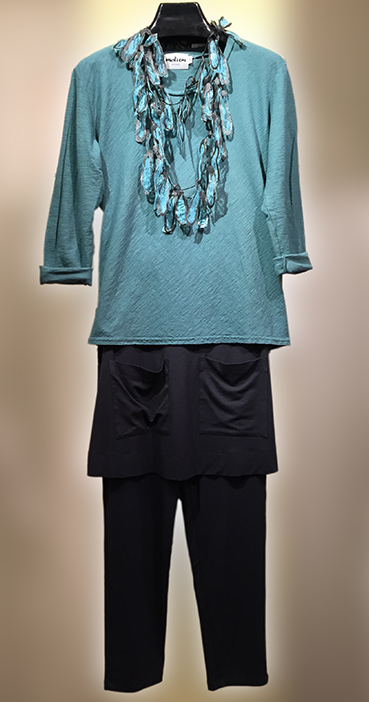 Cotton linen bias cut tee with 3/4 sleeve over Alembieke apron pant.