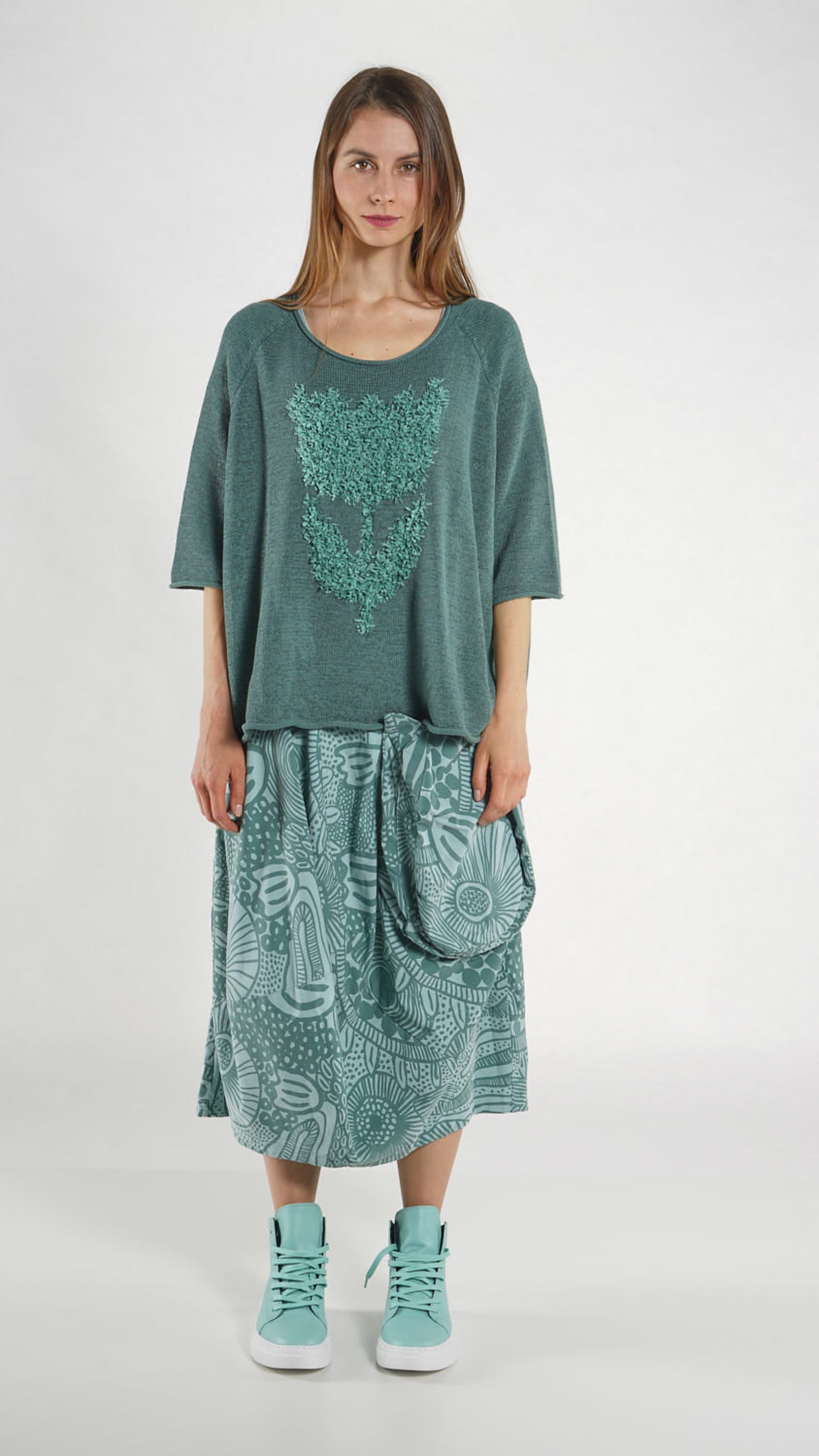 RUNDHOLZ BLACK LABEL Half Sleeve Knit Tulip Pullover in Grass Jacquard