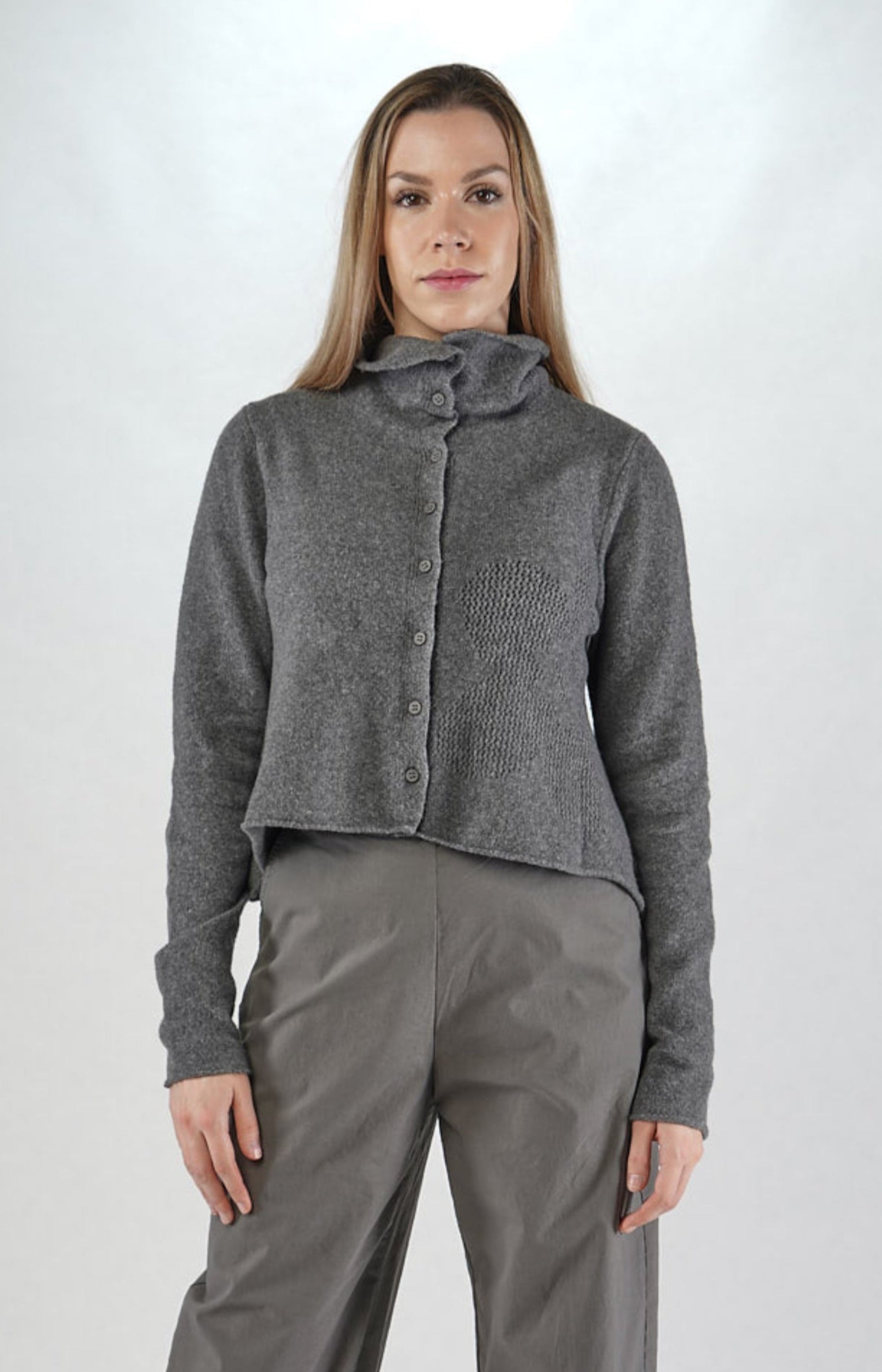 RUNDHOLZ BLACK LABEL High Cowl Neck Flower Cardigan in Dark Grey