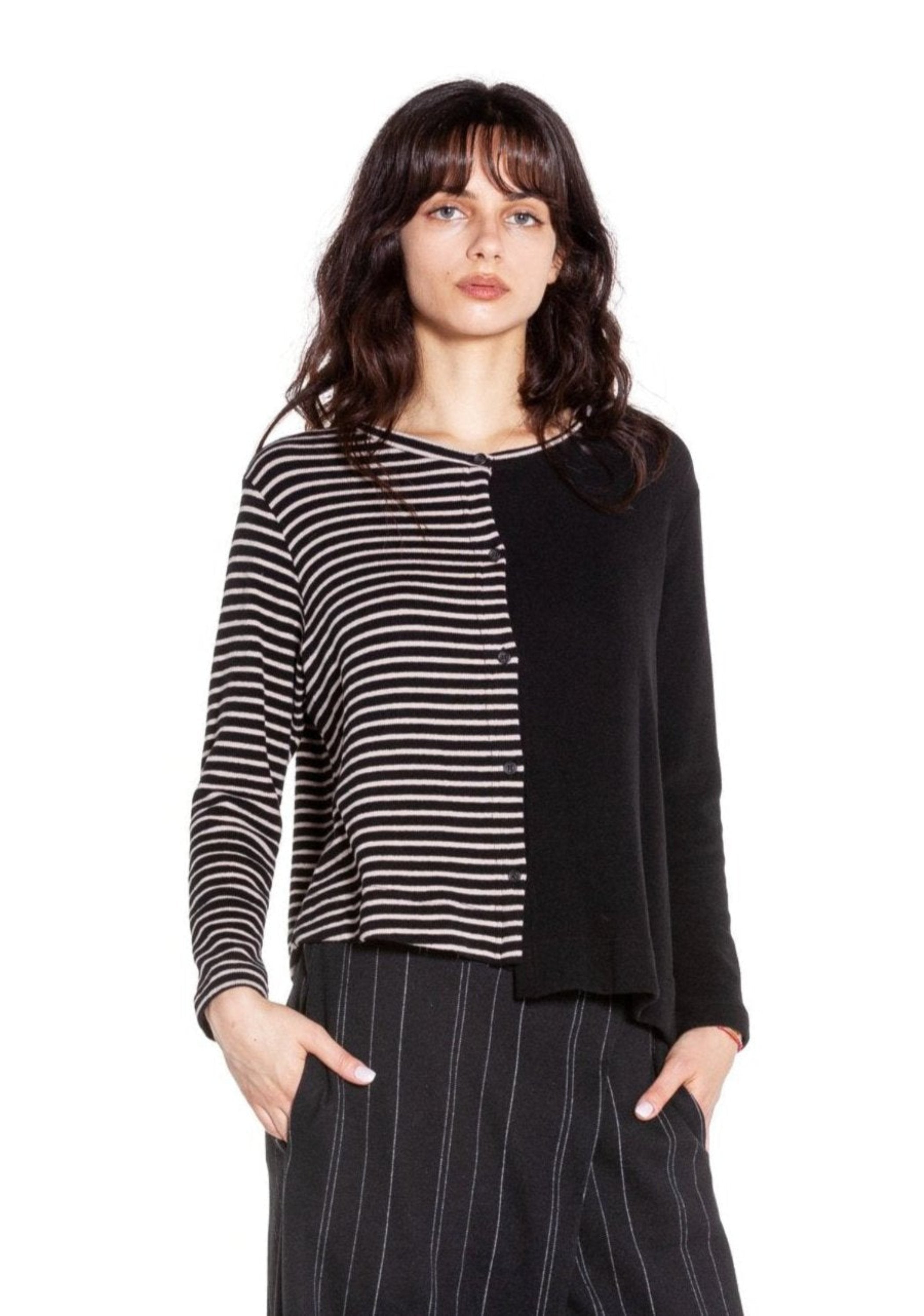 MAMA B Cozy Knit Asymmetric Cardigan - Striped