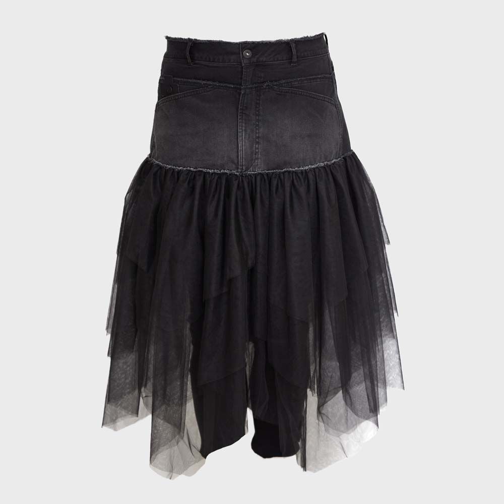 PLU Washed Denim Skirt with Tulle in Black