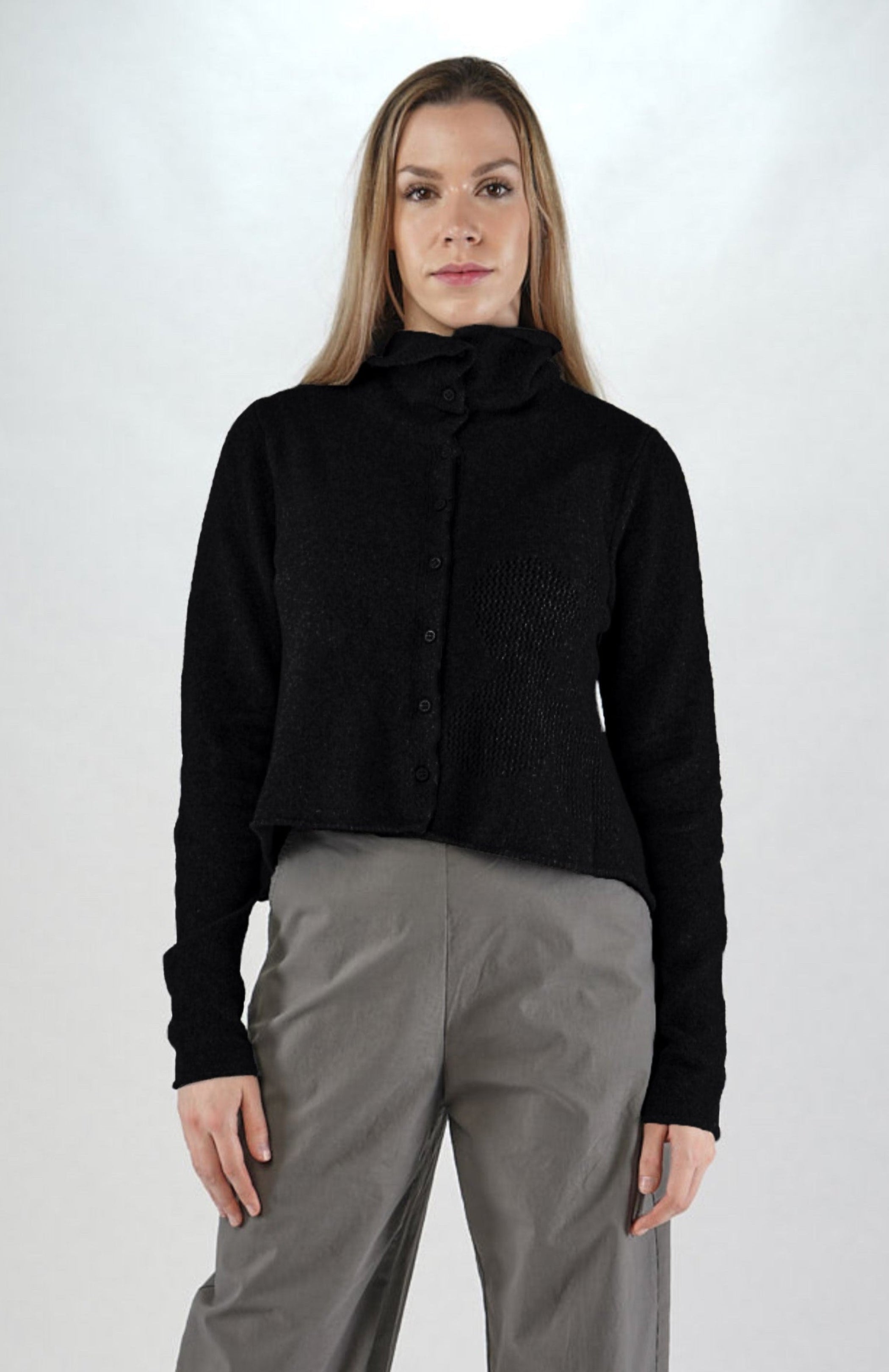 RUNDHOLZ BLACK LABEL High Cowl Neck Flower Cardigan in Black