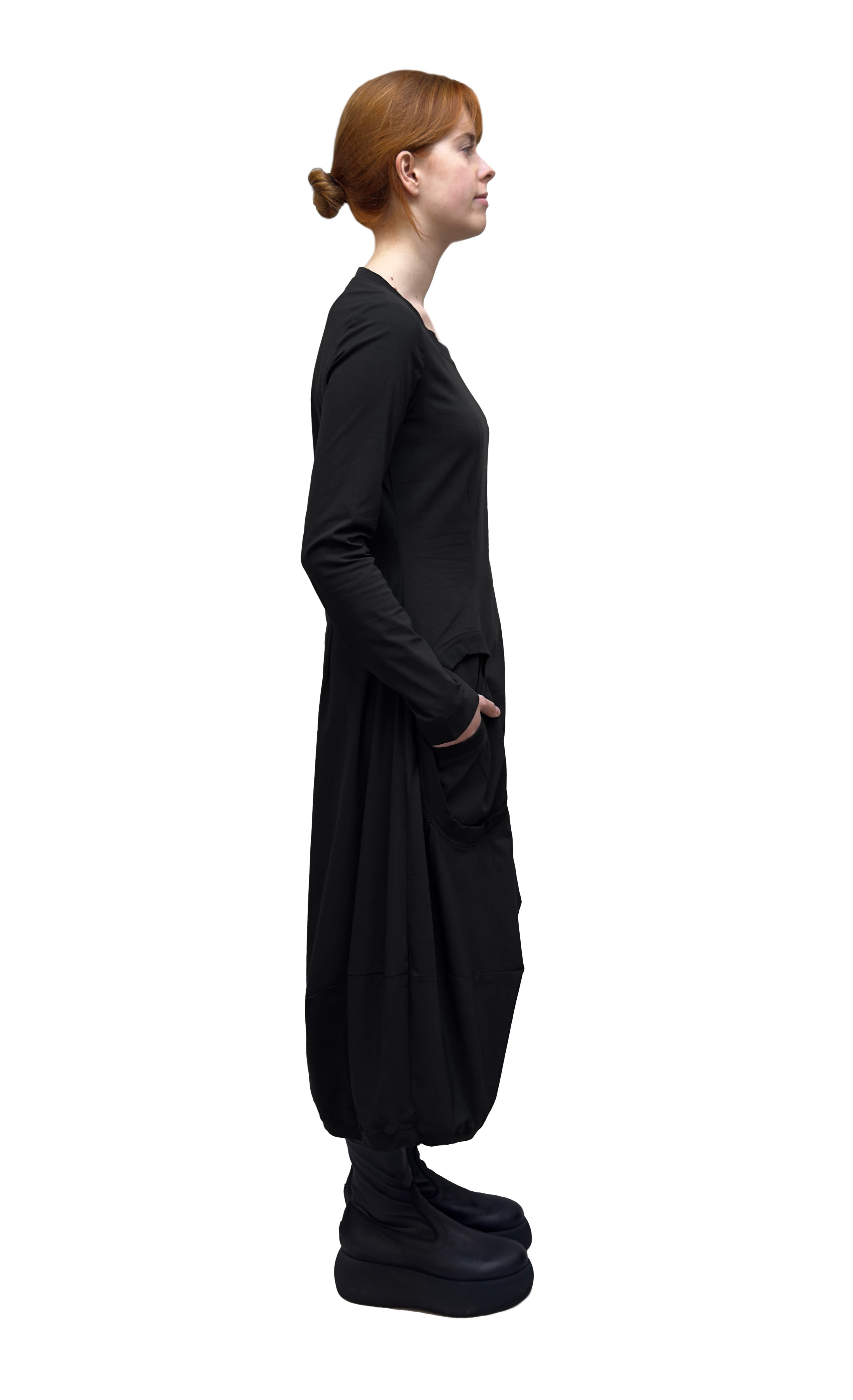 RUNDHOLZ BLACK LABEL Long Sleeve Pocketed Bubble Dress in Black