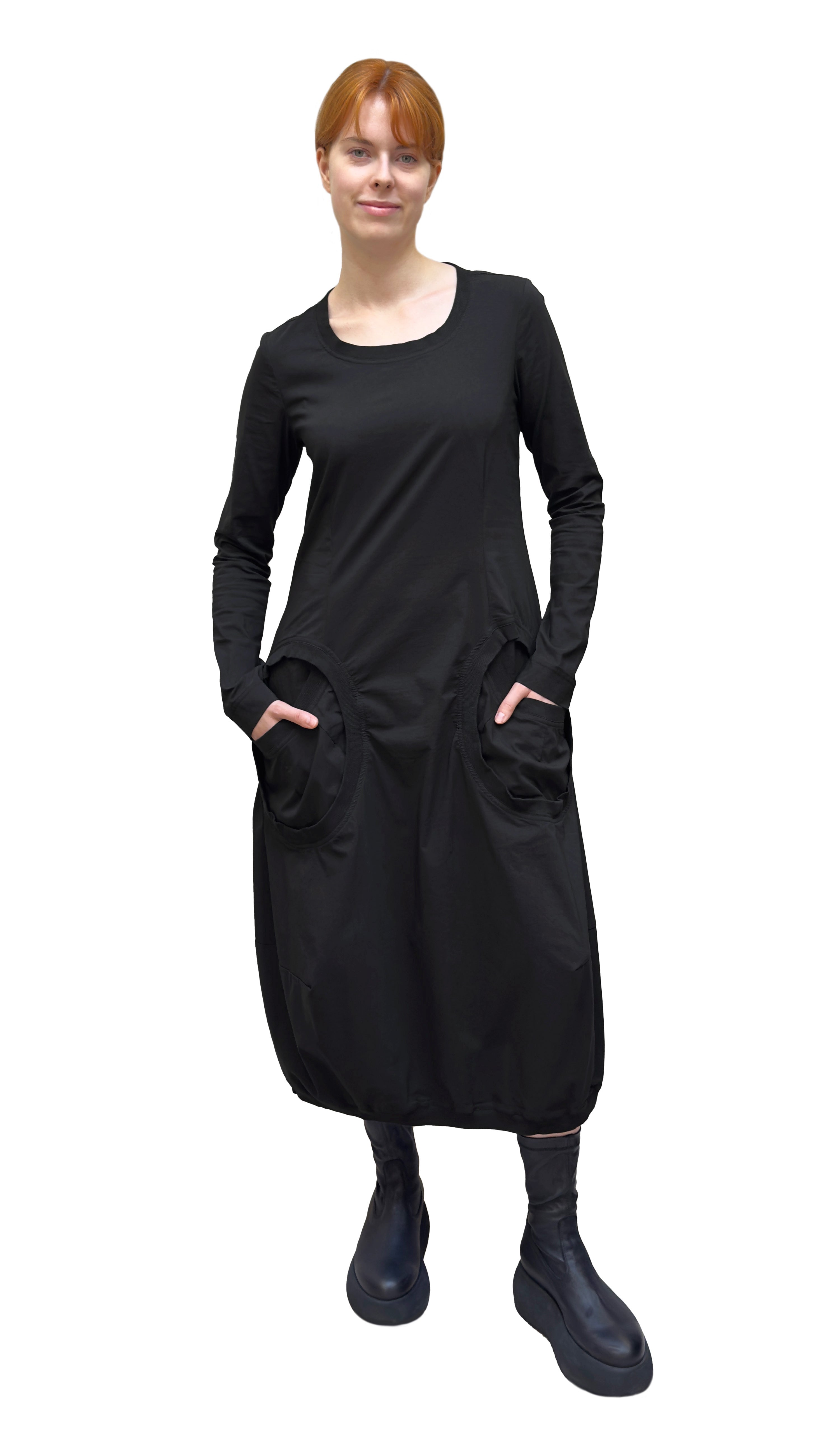 RUNDHOLZ BLACK LABEL Long Sleeve Pocketed Bubble Dress in Black