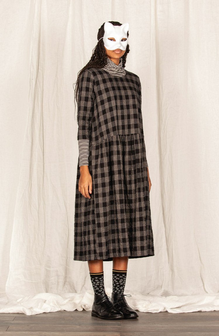 MAMA B - Gathered Cotton Check Dress in Black