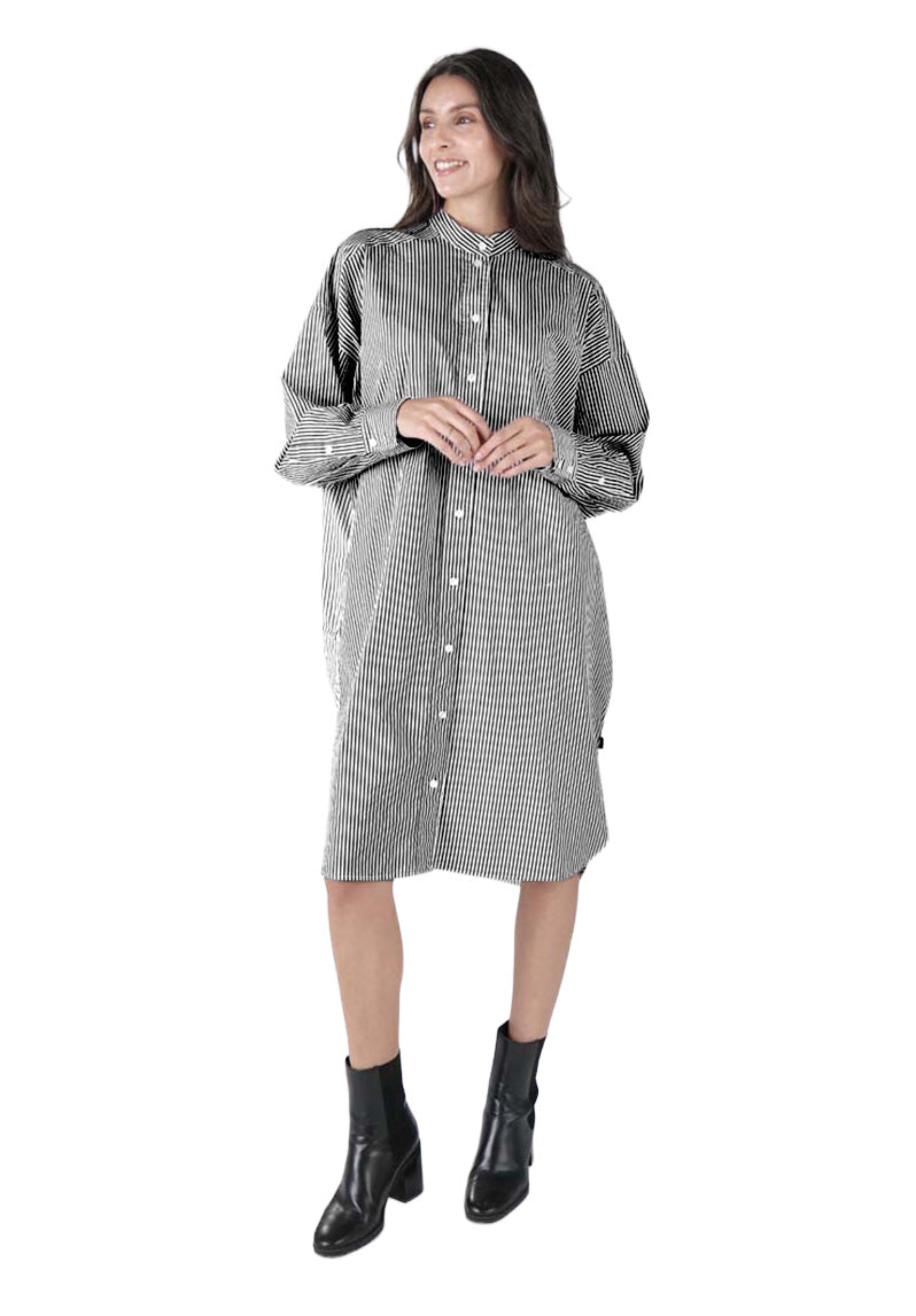 ELEMENTE CLEMENTE Pocketed Button Down Dress in Black Stripes