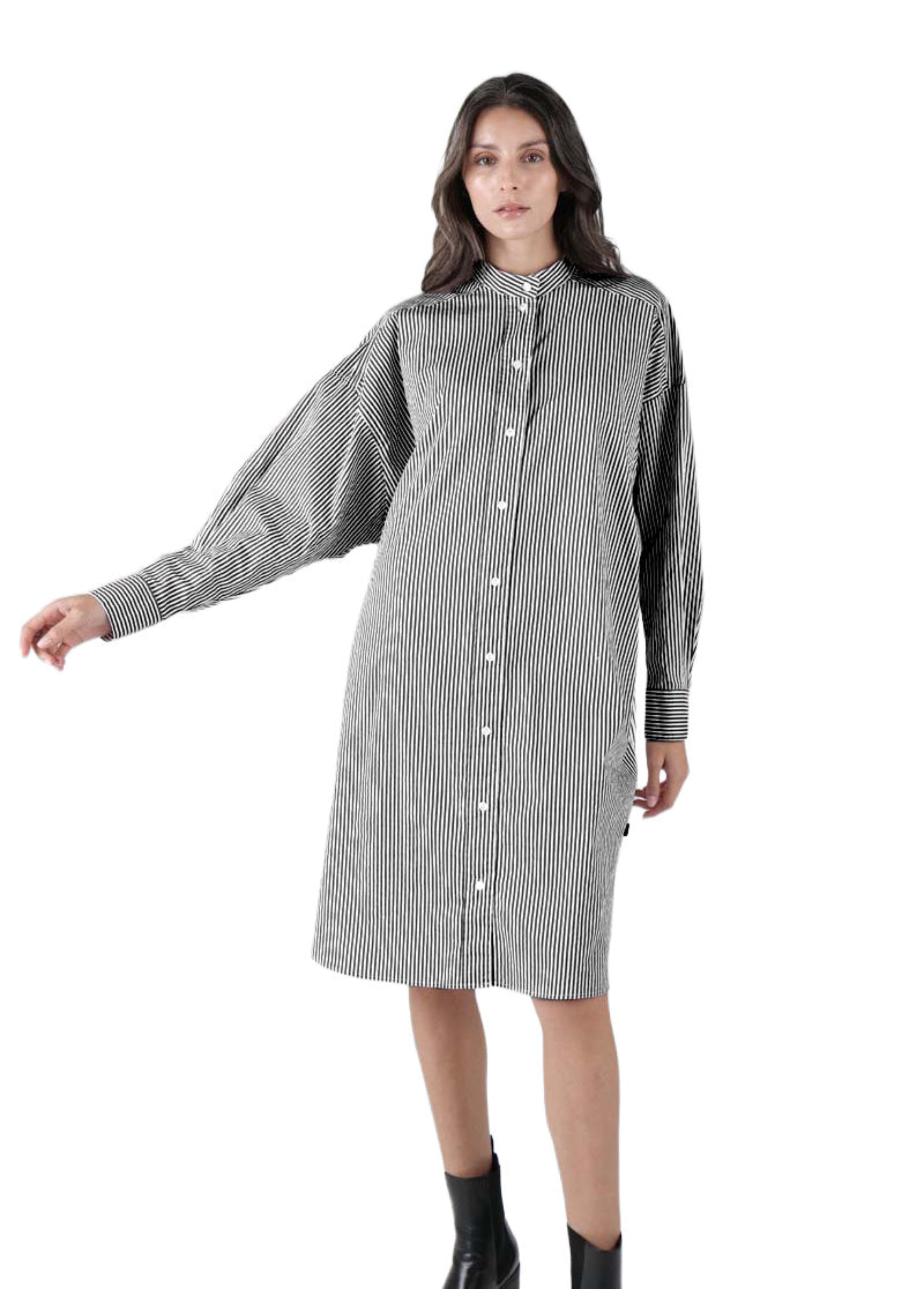 ELEMENTE CLEMENTE Pocketed Button Down Dress in Black Stripes