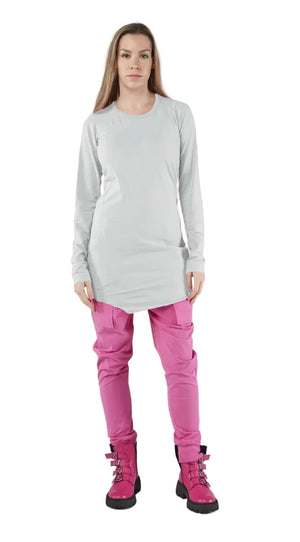 Women's extra long length round neck, long sleeve cotton tee from Black Label. In colour light grey. Front view.