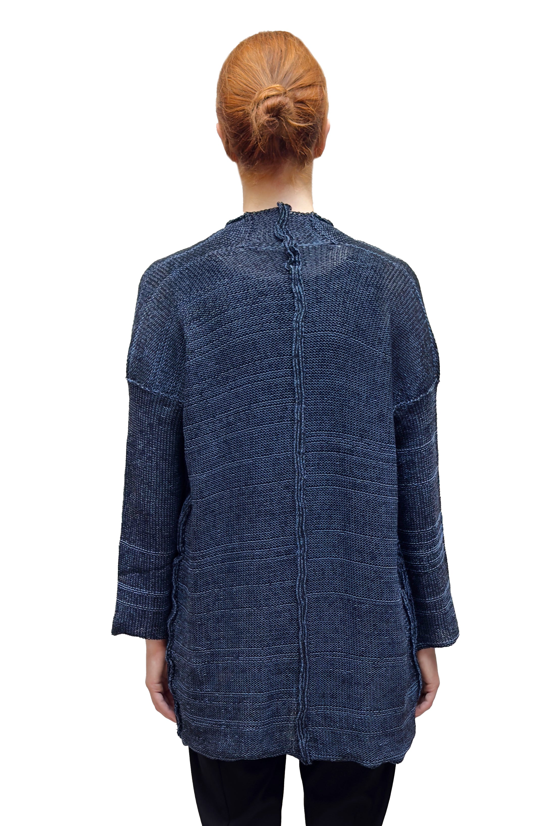PAPER TEMPLES Long Boxy V Neck Cardigan in Blue Mix