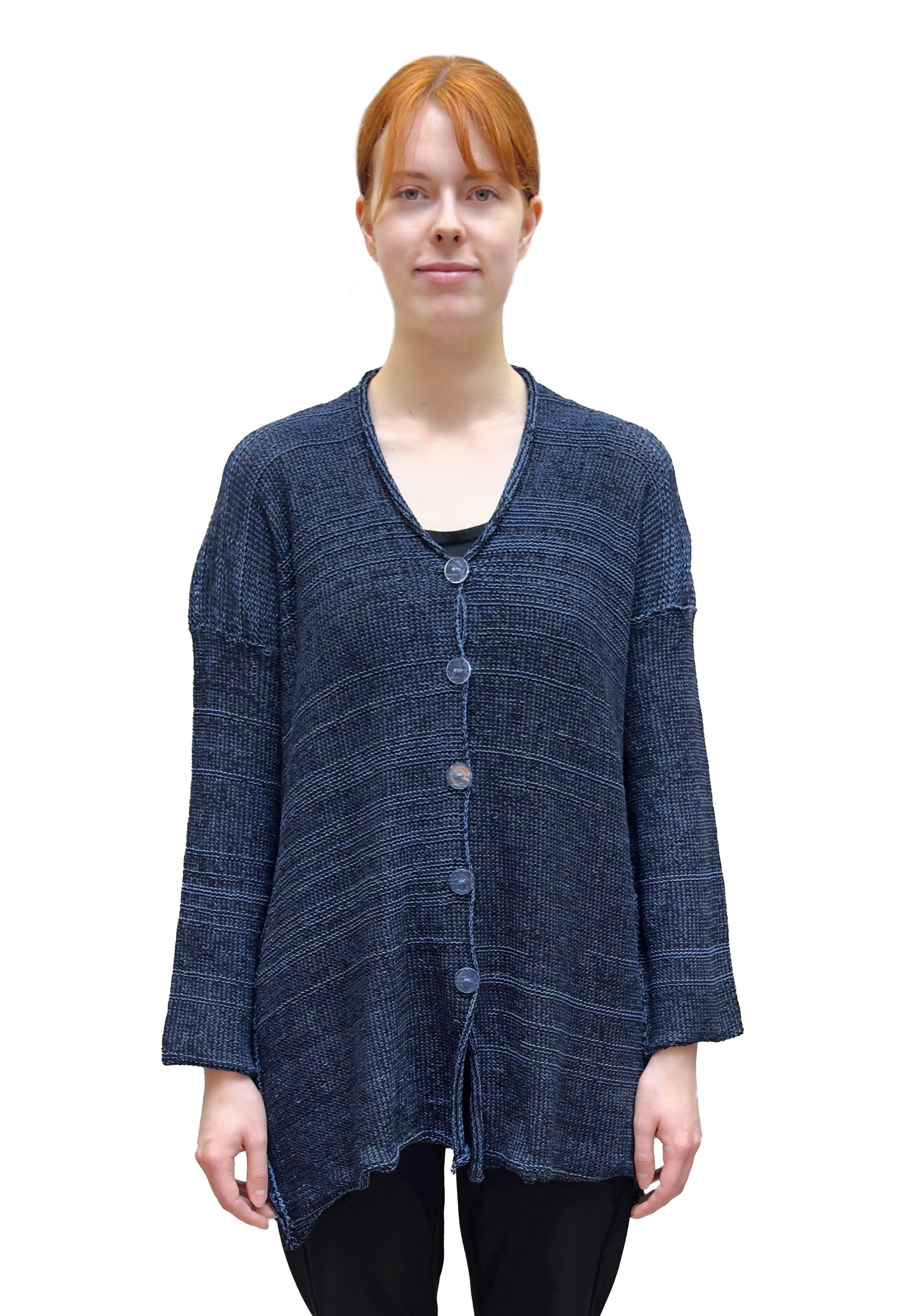 PAPER TEMPLES Long Boxy V Neck Cardigan in Blue Mix