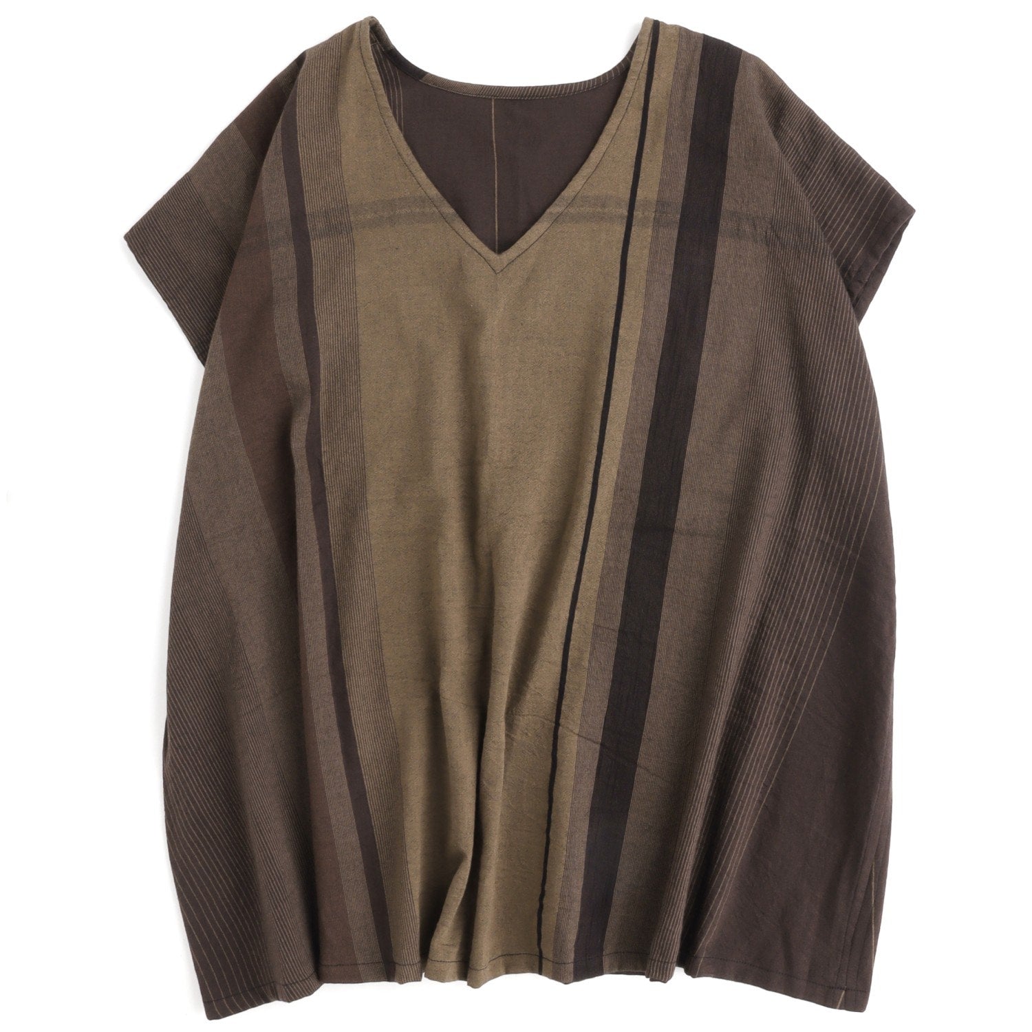 Tamaki Niime Striped V Neck Cap Sleeve Flared Top - Coffee Cream