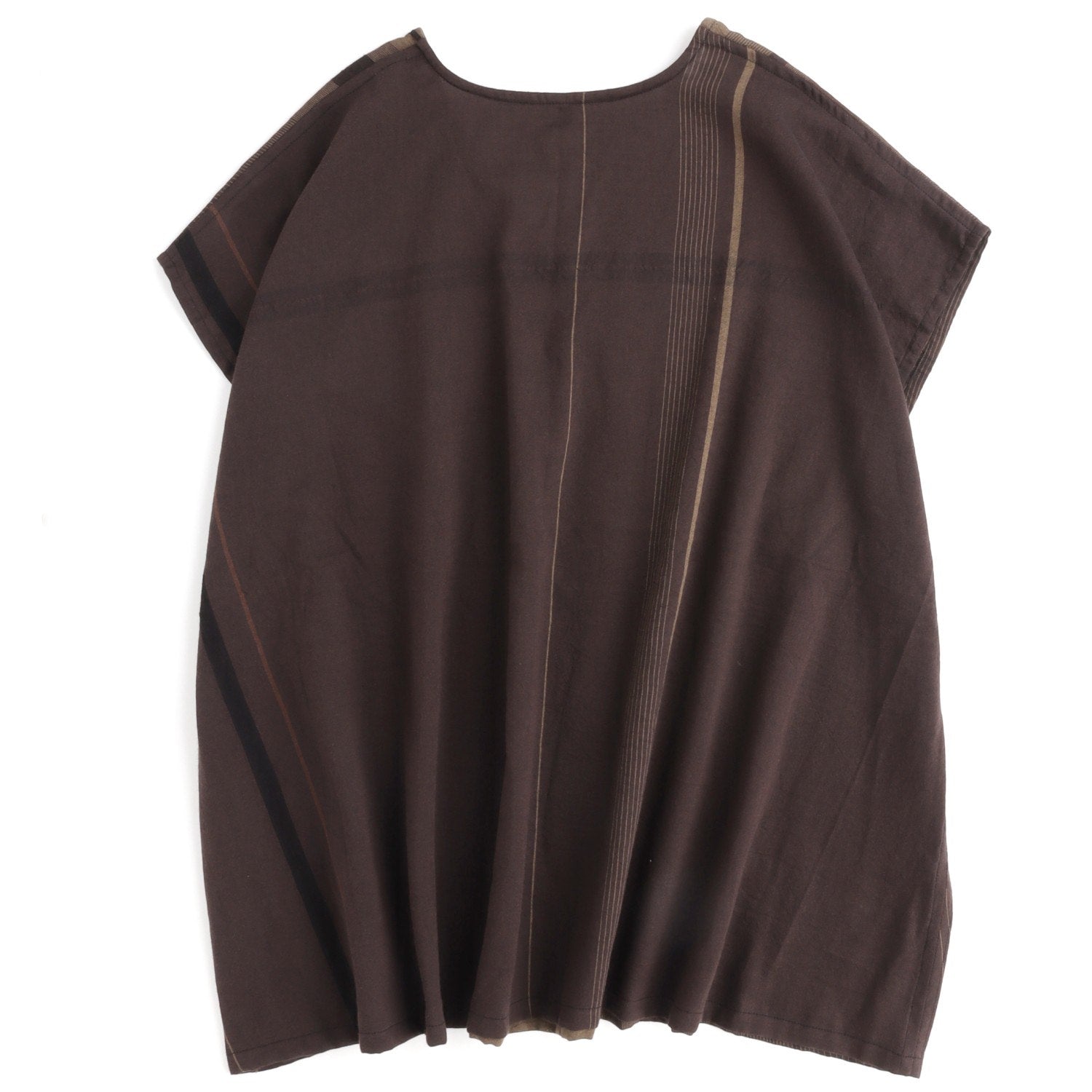 Tamaki Niime Striped V Neck Cap Sleeve Flared Top - Coffee Cream