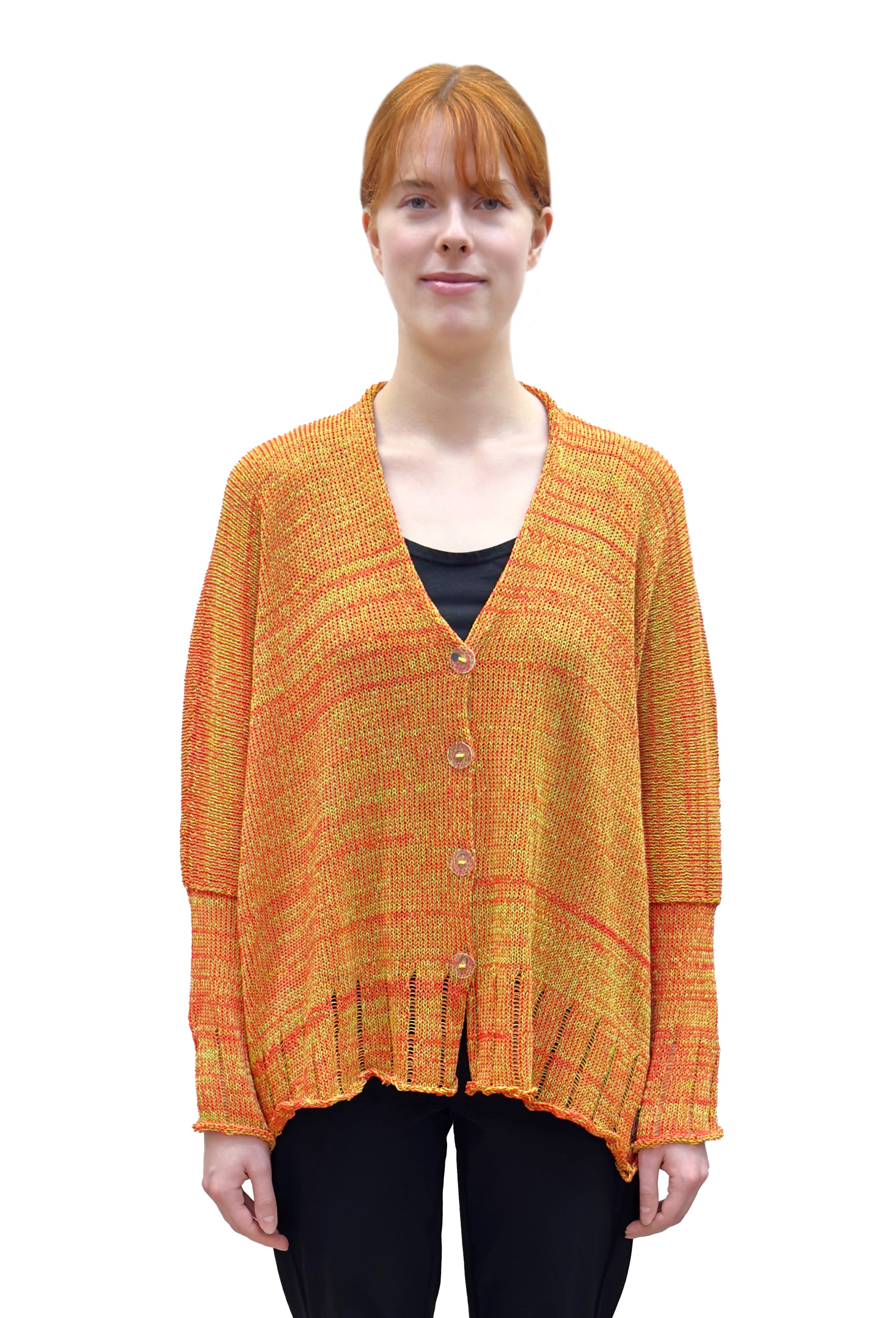 Paper Temples Relaxed V-Neck Cardigan in Orange and Lime Yellow