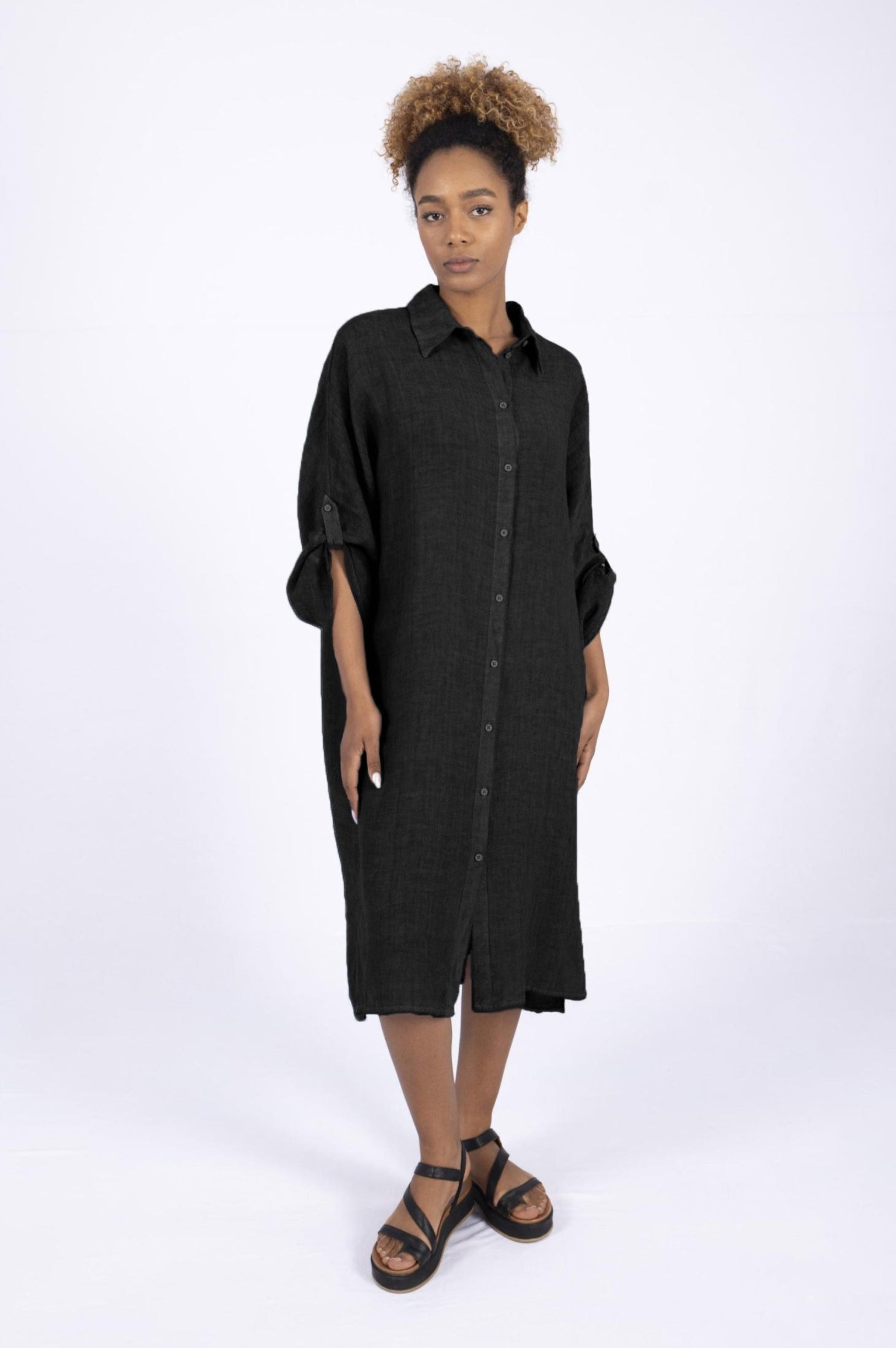 ELEMENTE CLEMENTE Dolman Sleeve Linen Dress In Black