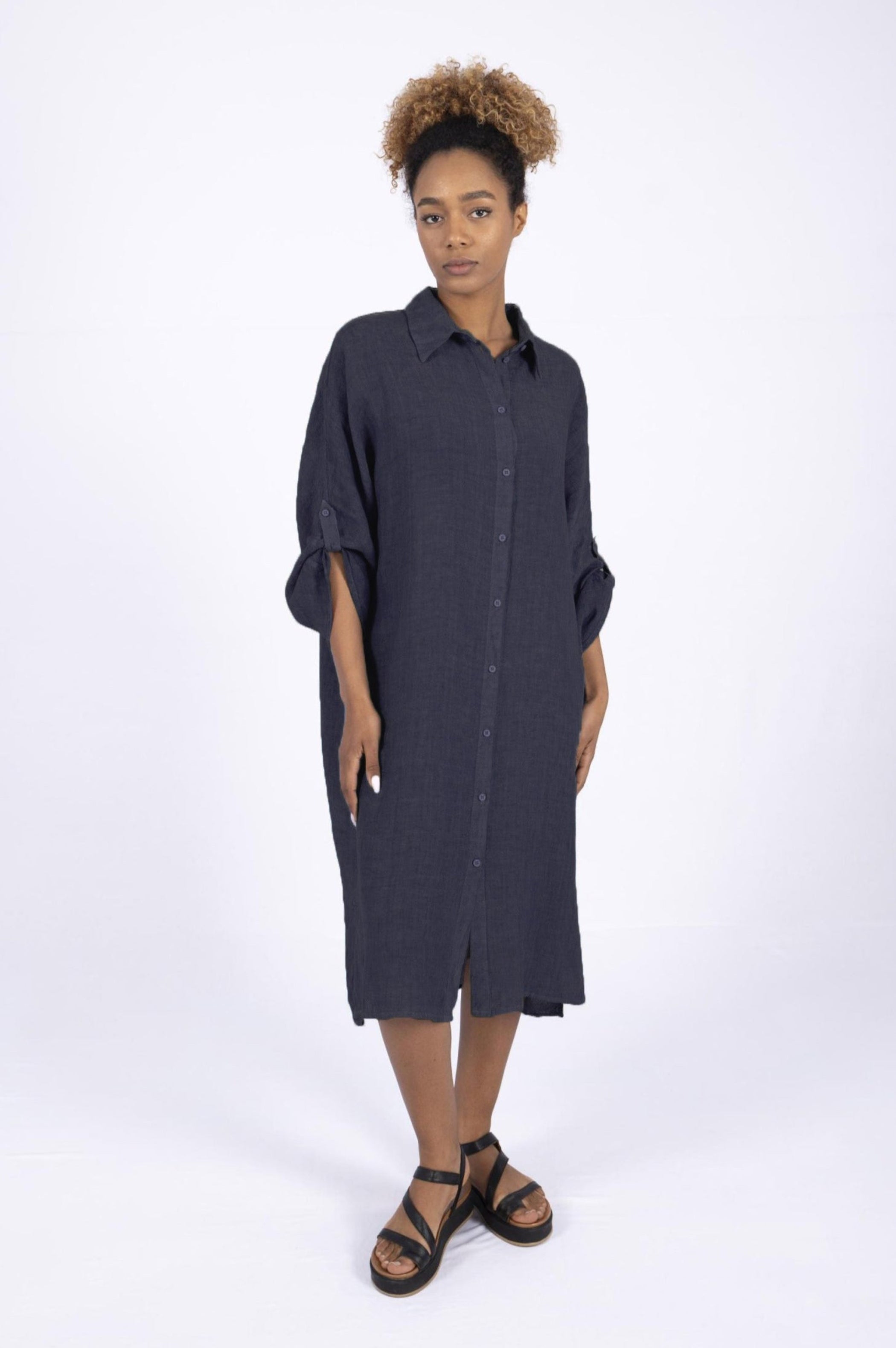 ELEMENTE CLEMENTE Dolman Sleeve Linen Dress In Deep Night