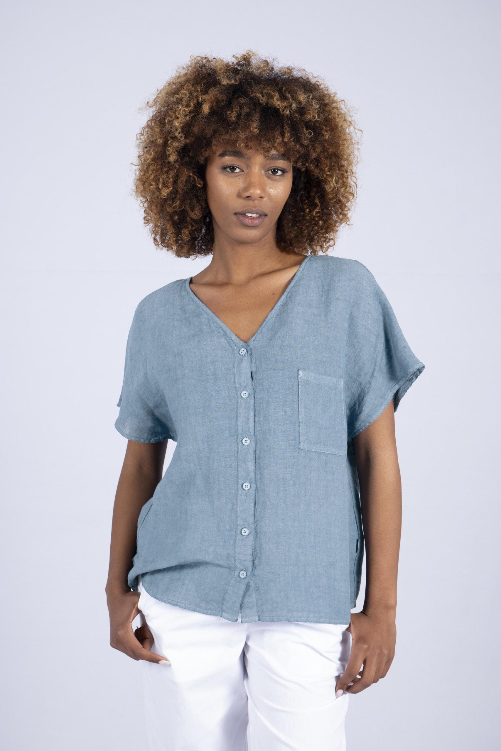 Elemente Clemente Linen V Neck Blouse in Crystal Blue
