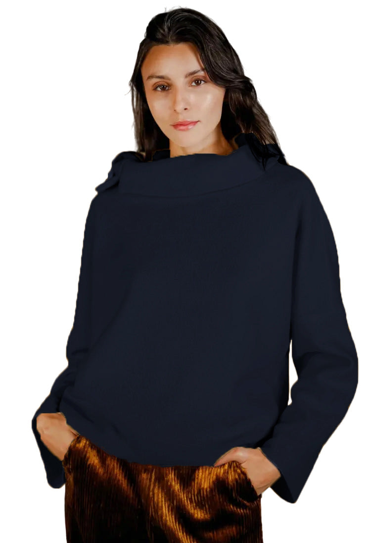 ELEMENTE CLEMENTE Boiled Wool Asymmetric Collar Pullover in Deep Sapphire
