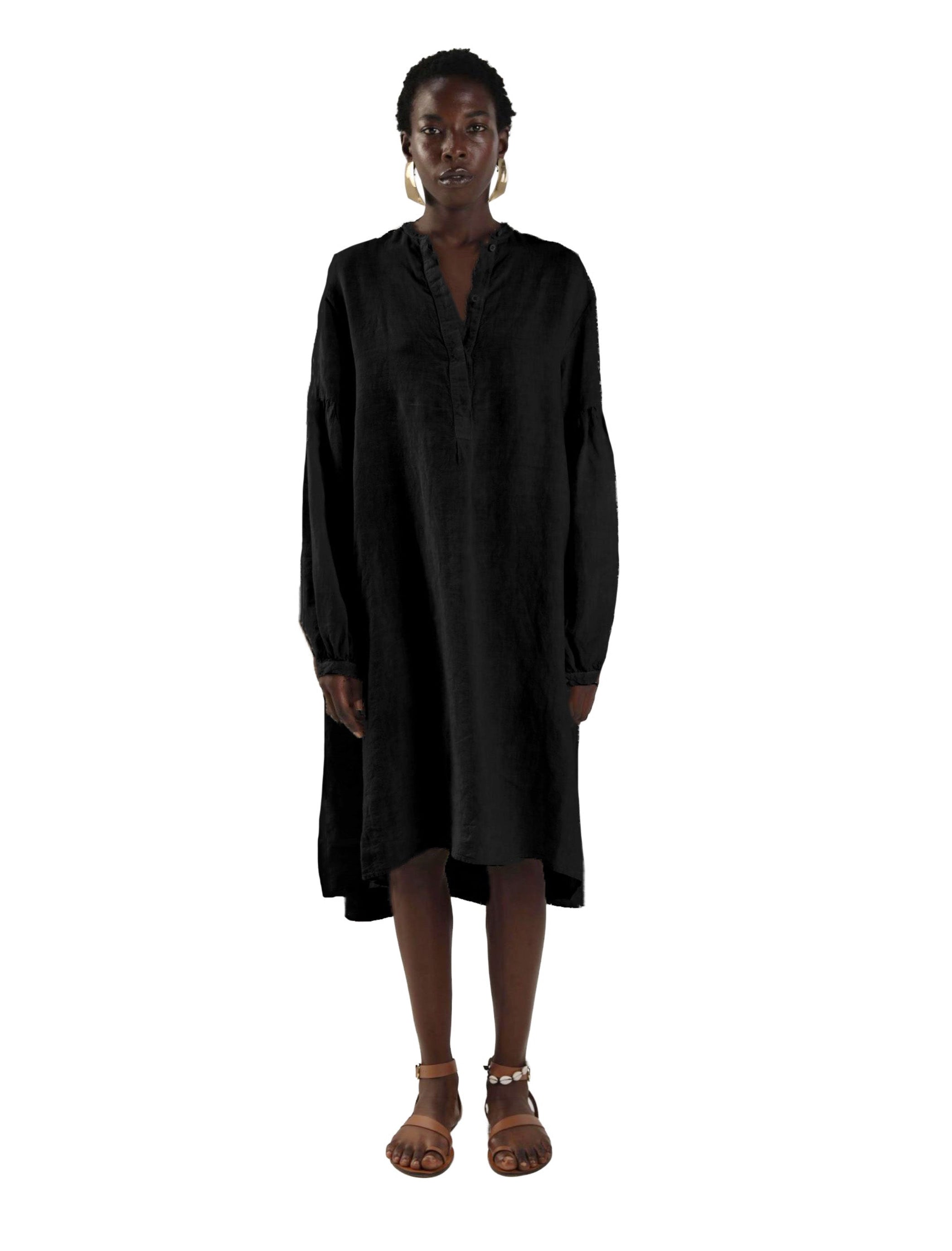 Elemente Clemente Gathered Back Linen Dress In Black
