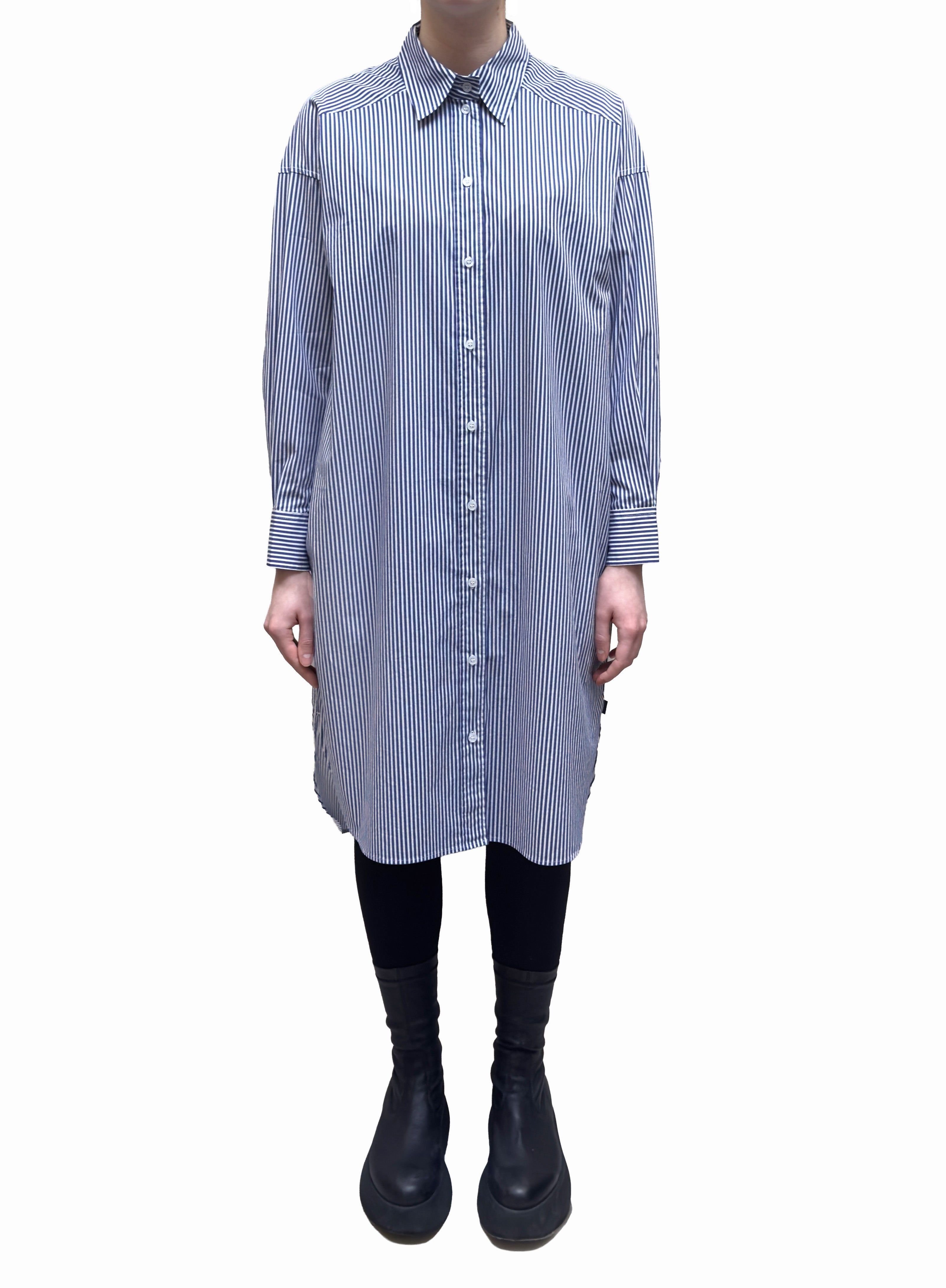 ELEMENTE CLEMENTE Pocketed Button Down Dress in Deep Sapphire Multi-Stripes