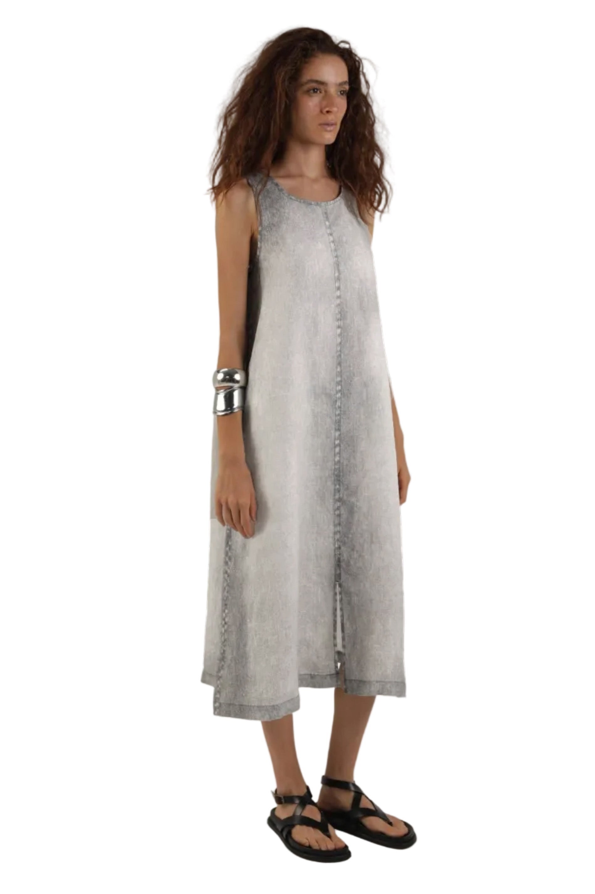 ELEMENTE CLEMENTE A-Line Linen Dress in Grey Denim Print