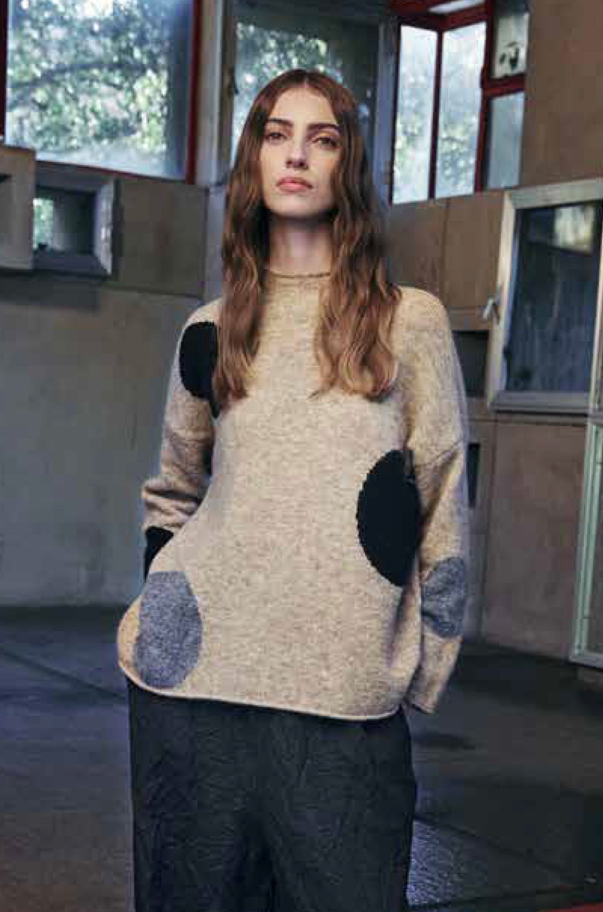 NEIRAMI Circle Print Chimney Neck Sweater in Beige and Grey