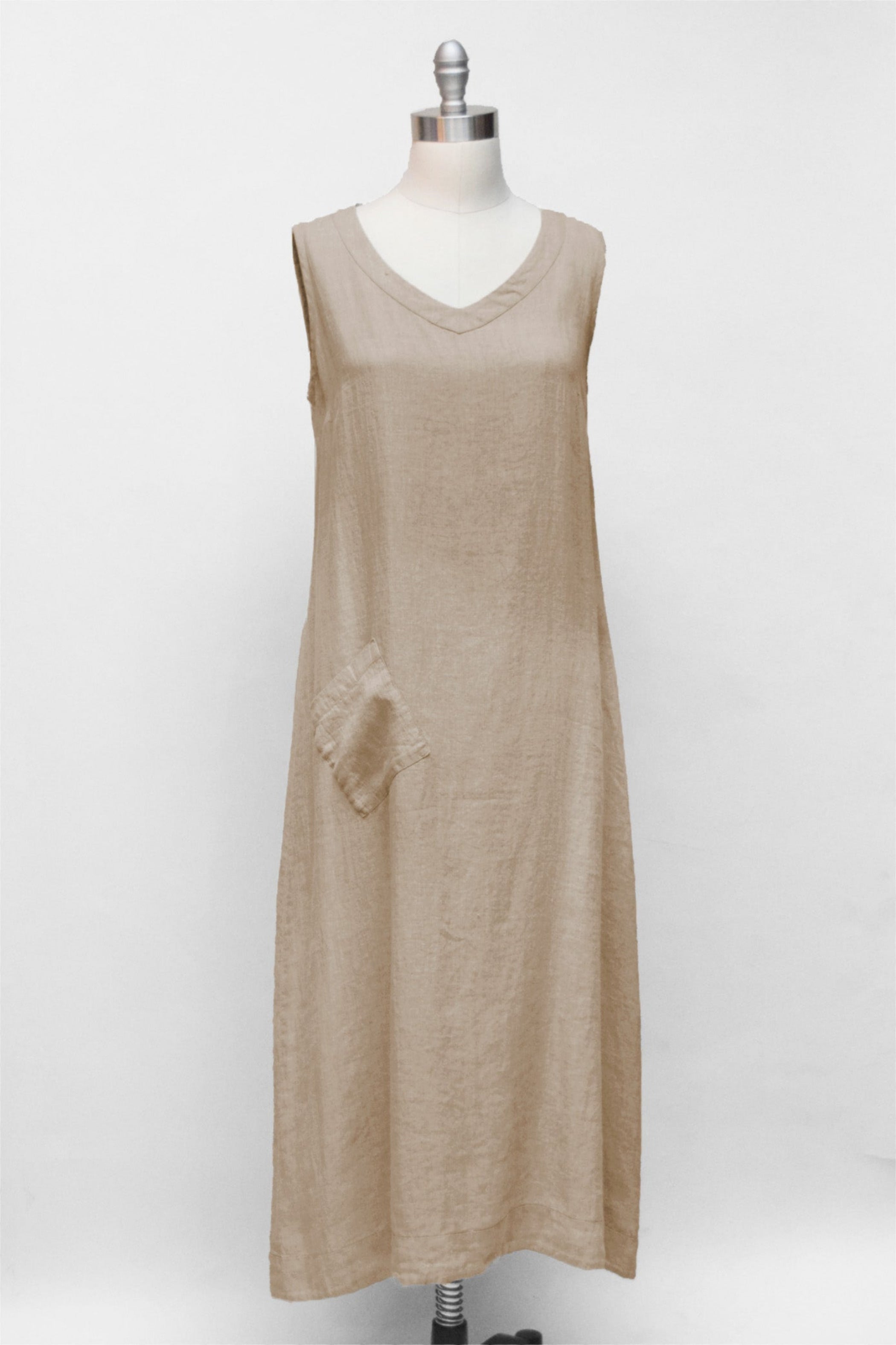 FLAX One-Pocket Long V-Neck Linen Dress in Natural
