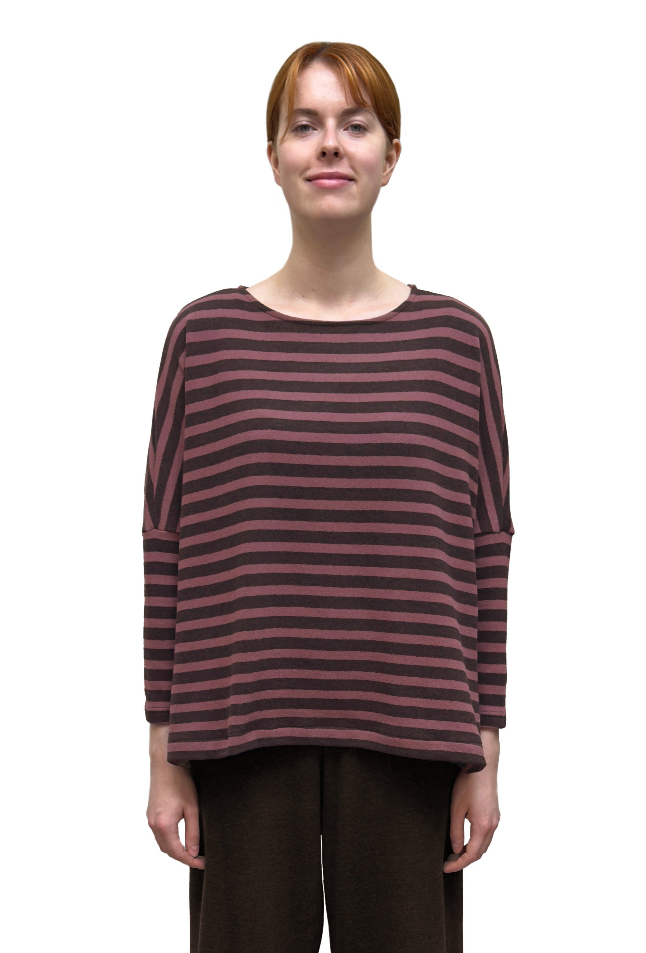 MAMA B Cozy Knit Boxy Round Neck Top in Umber Stripes
