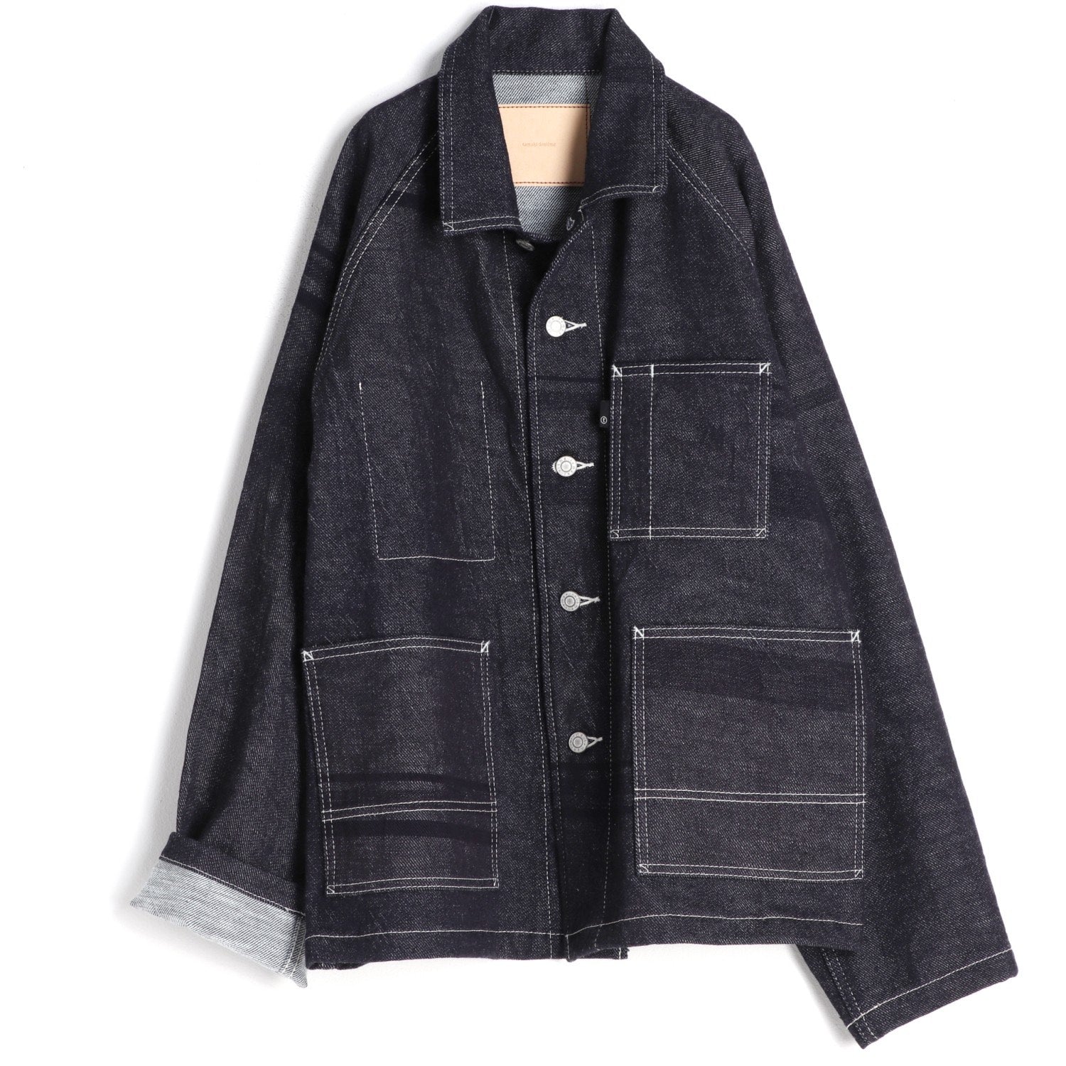TAMAKI NIIME Raglan Sleeve Denim Jacket - Indigo Stripes and White Stitching