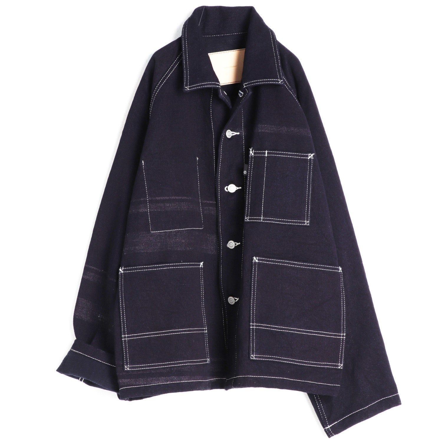 TAMAKI NIIME Raglan Sleeve Denim Jacket - Subtle Stripes and White Stitching