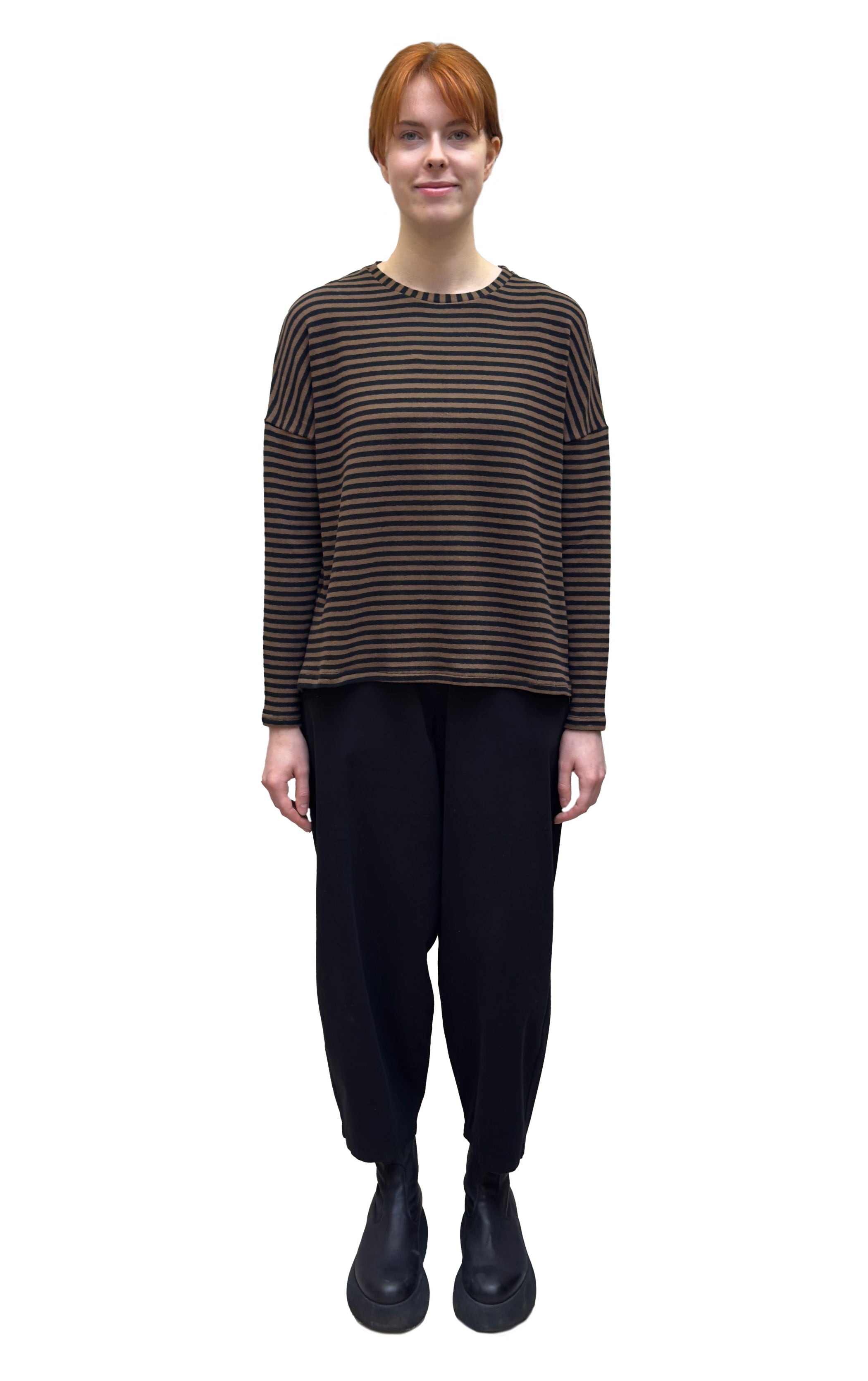 NEIRAMI Crew Neck Sweater in Black and Tobacco Mini Stripes