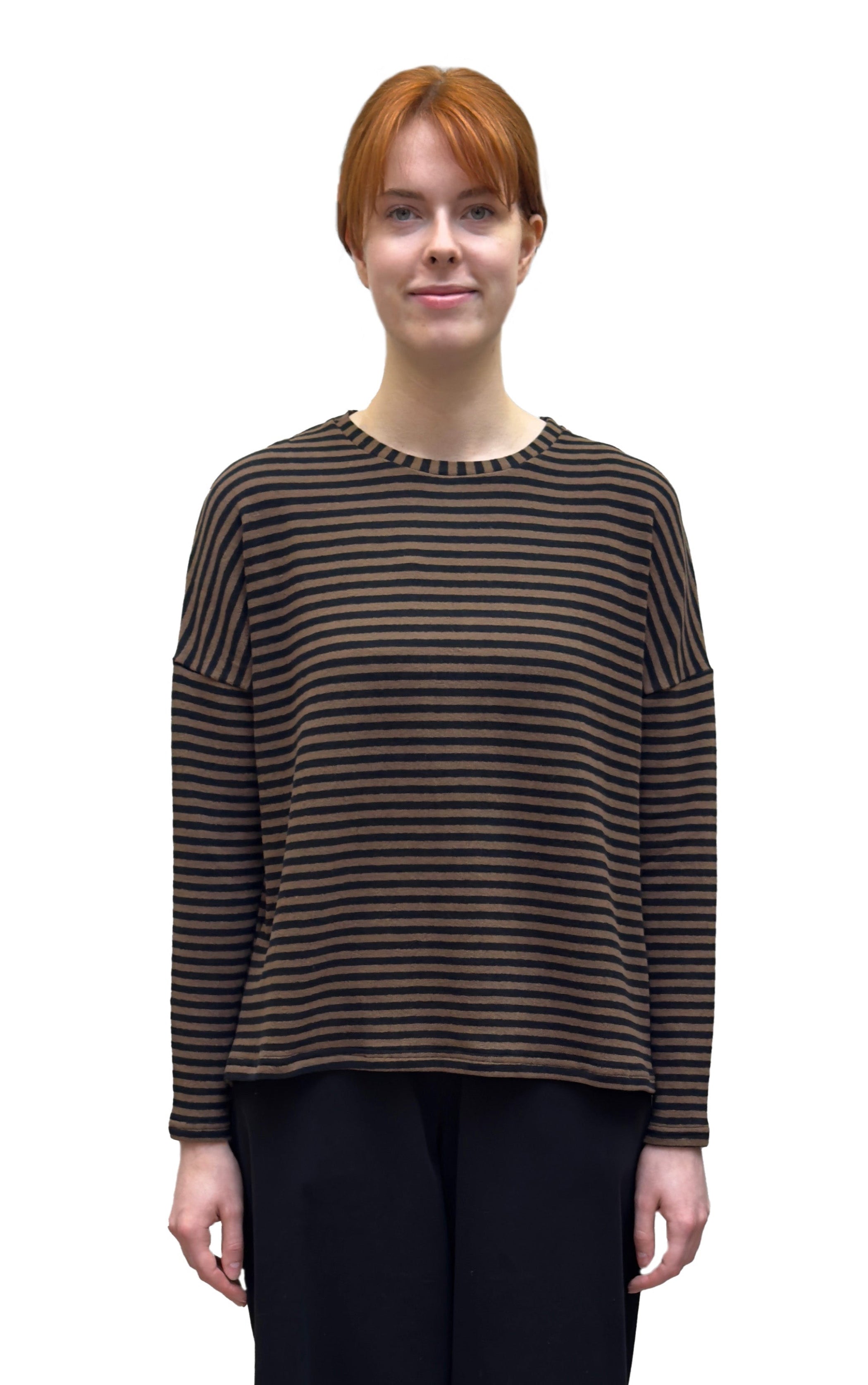 NEIRAMI Crew Neck Sweater in Black and Tobacco Mini Stripes