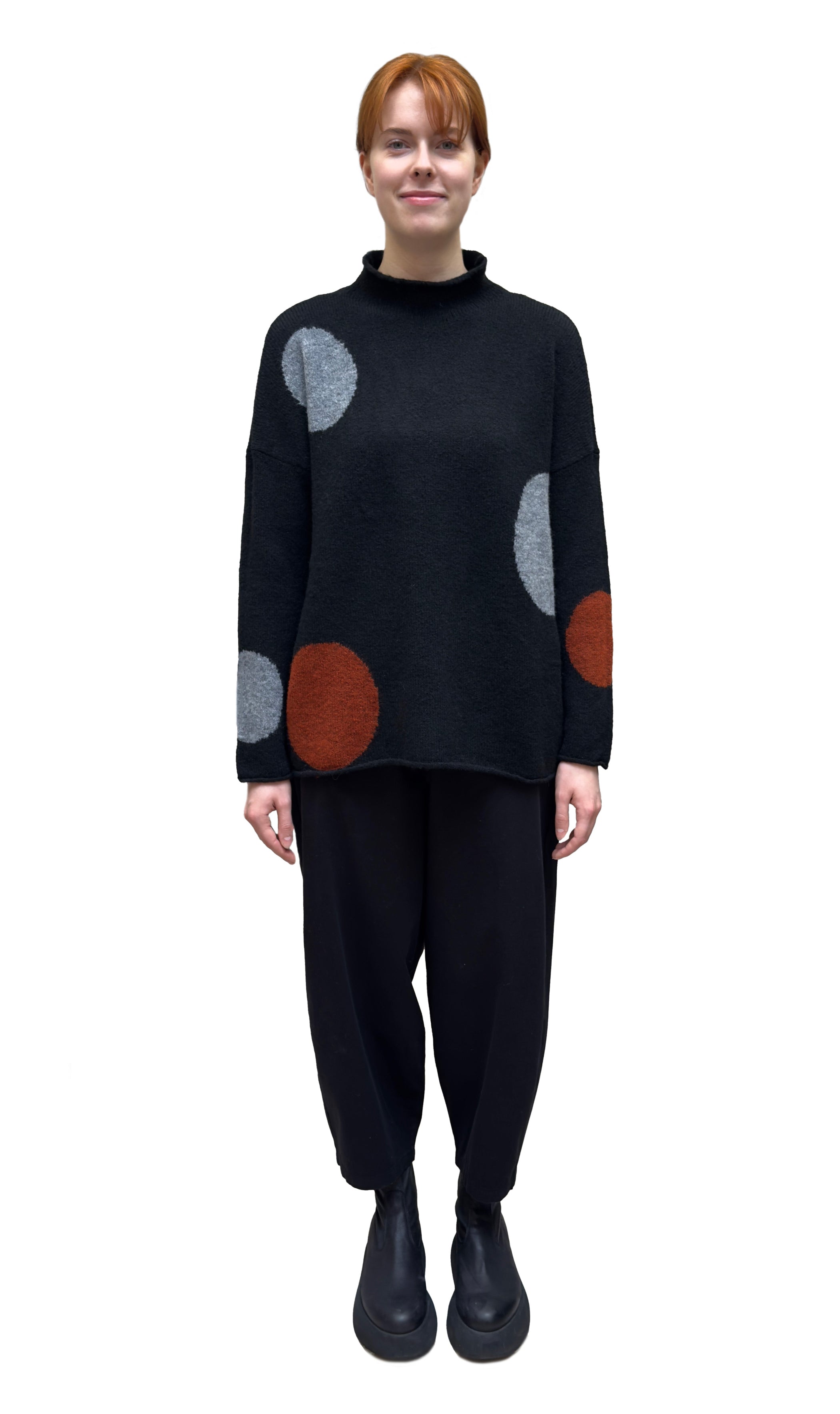 NEIRAMI Circle Print Chimney Neck Sweater in Black