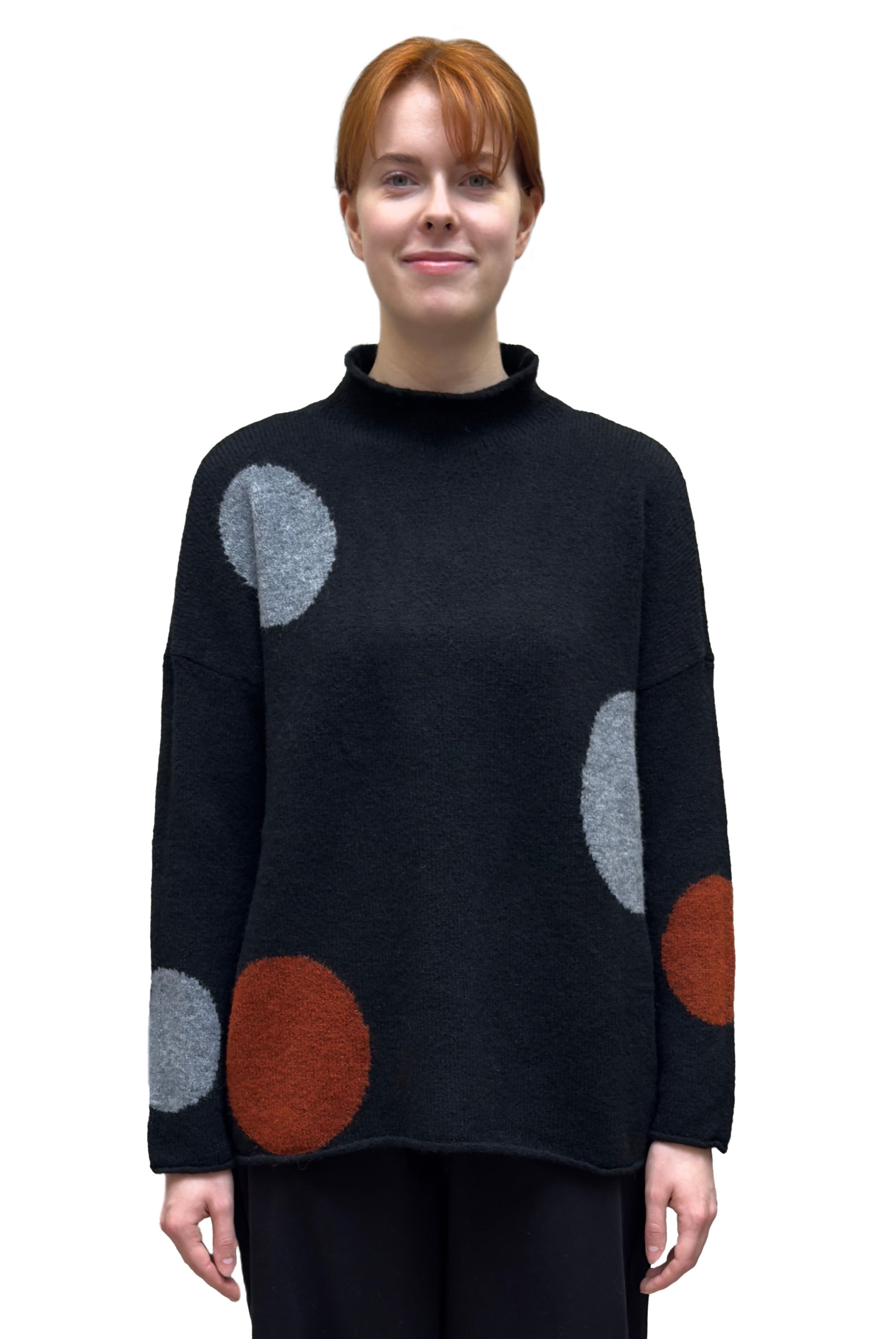 NEIRAMI Circle Print Chimney Neck Sweater in Black