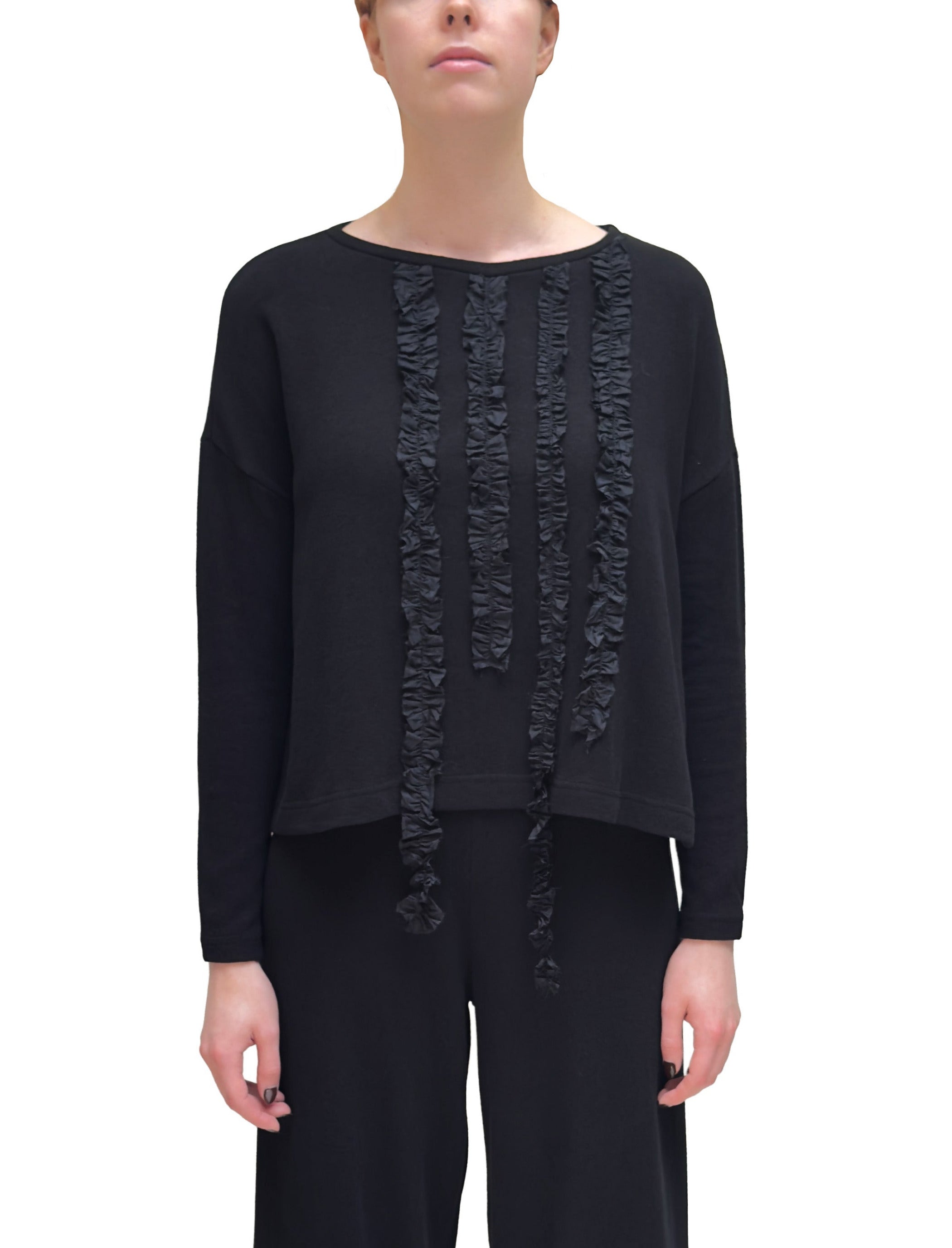 MAMA B Cozy Knit Taffeta Ruffle Pullover in Black