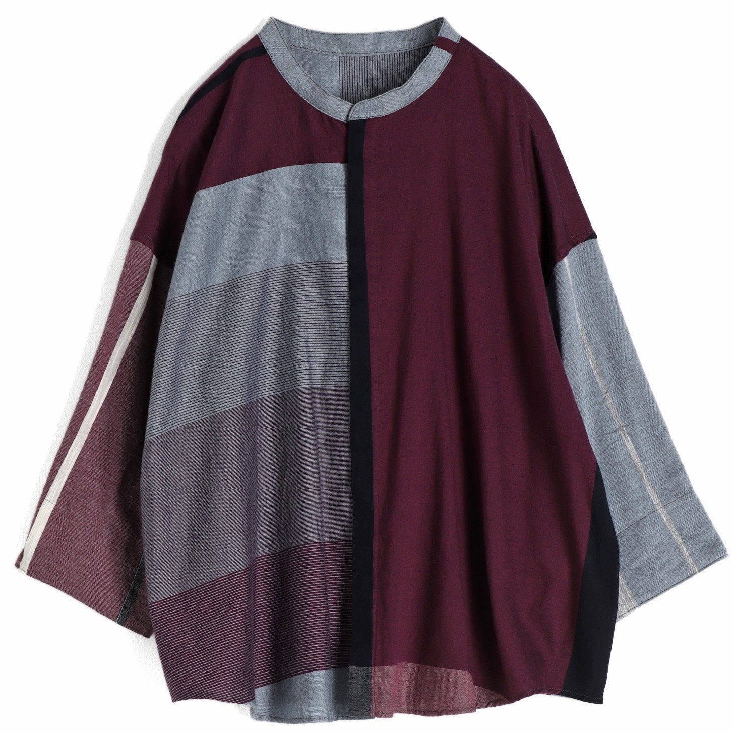 Tamaki Niime Mandarin Collared Shirt - Burgundy Delight