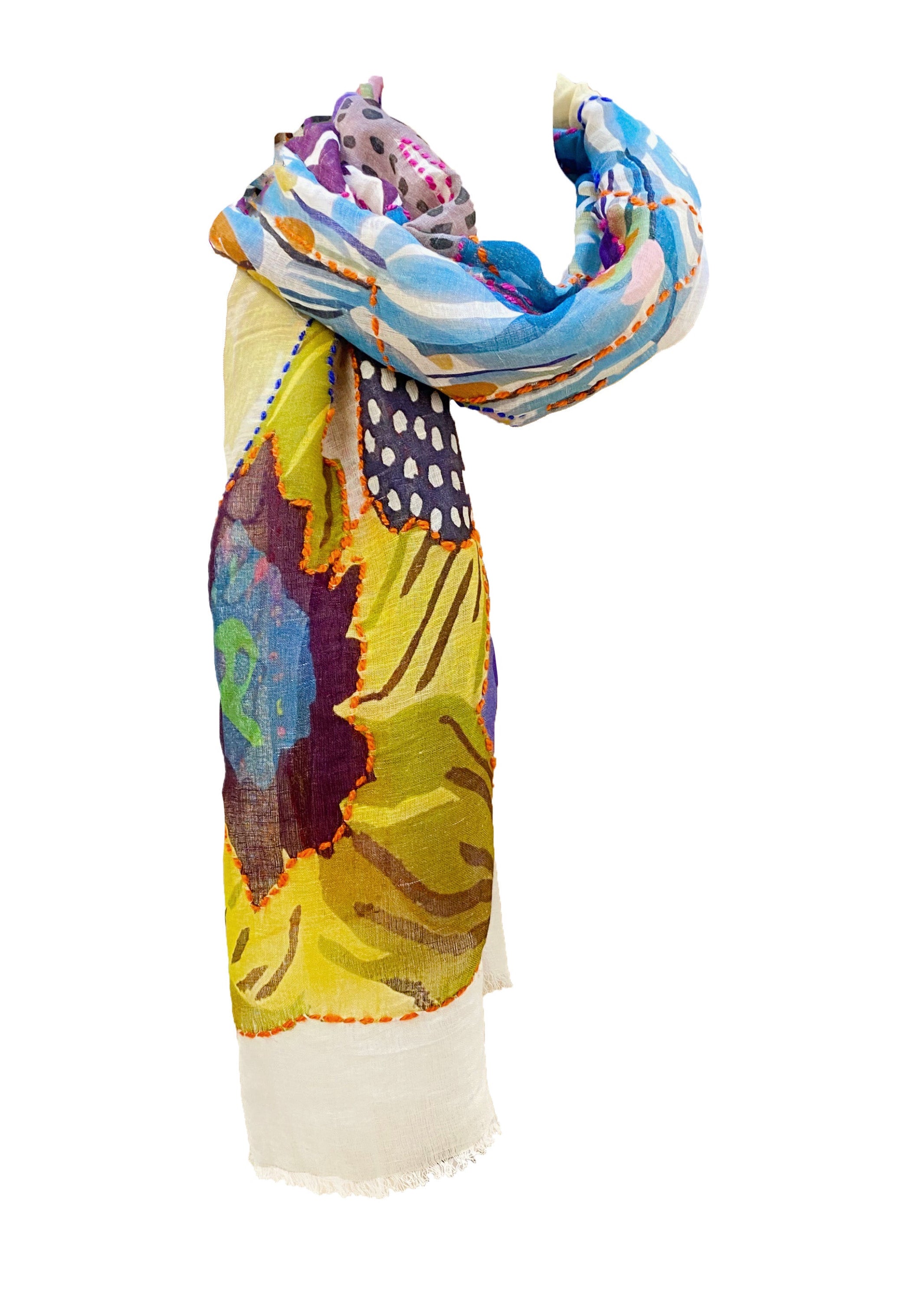 Linen Embroidered and Printed Scarf - #03