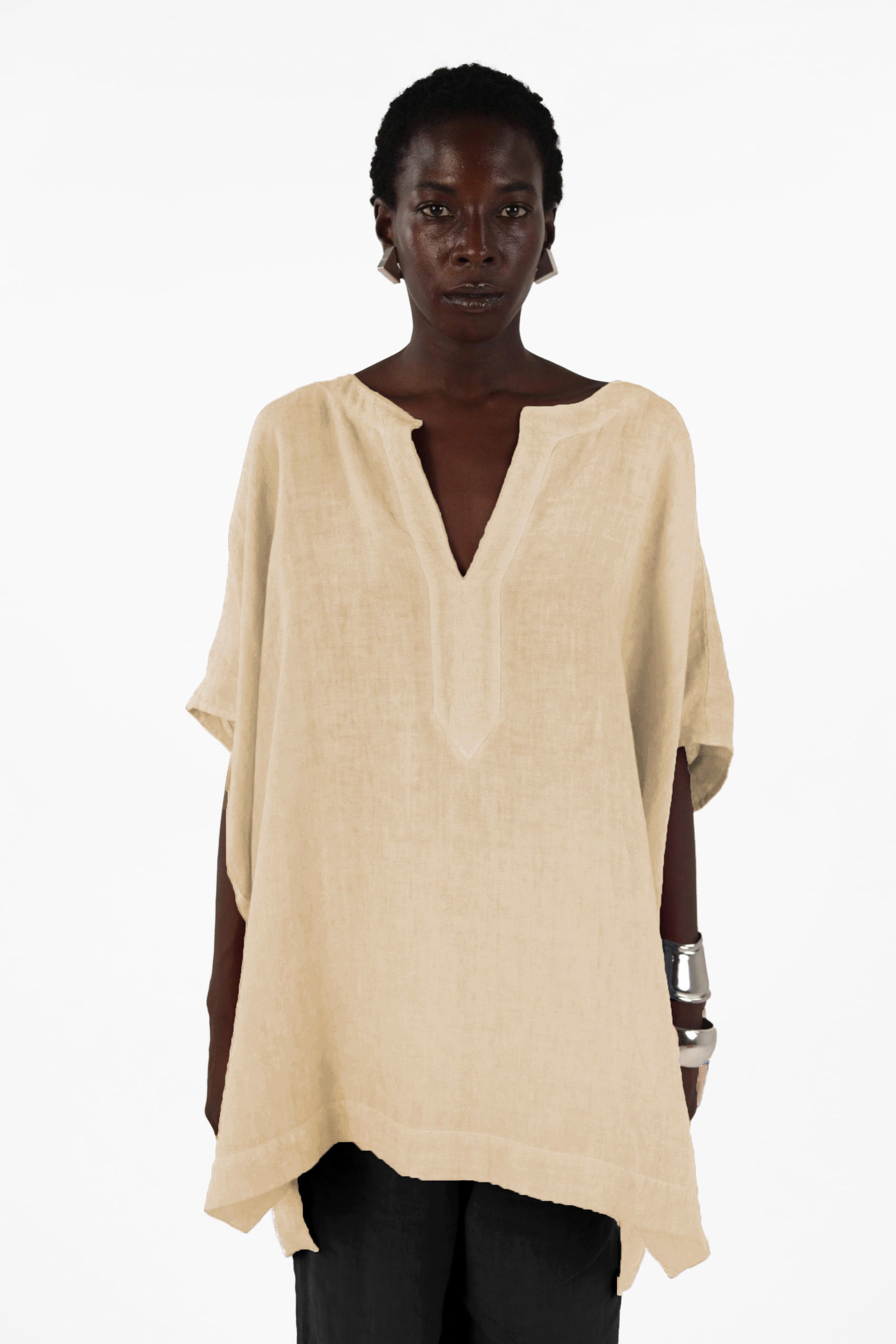 ELEMENTE CLEMENTE Boxy V Neck Linen Shirt in Rattan