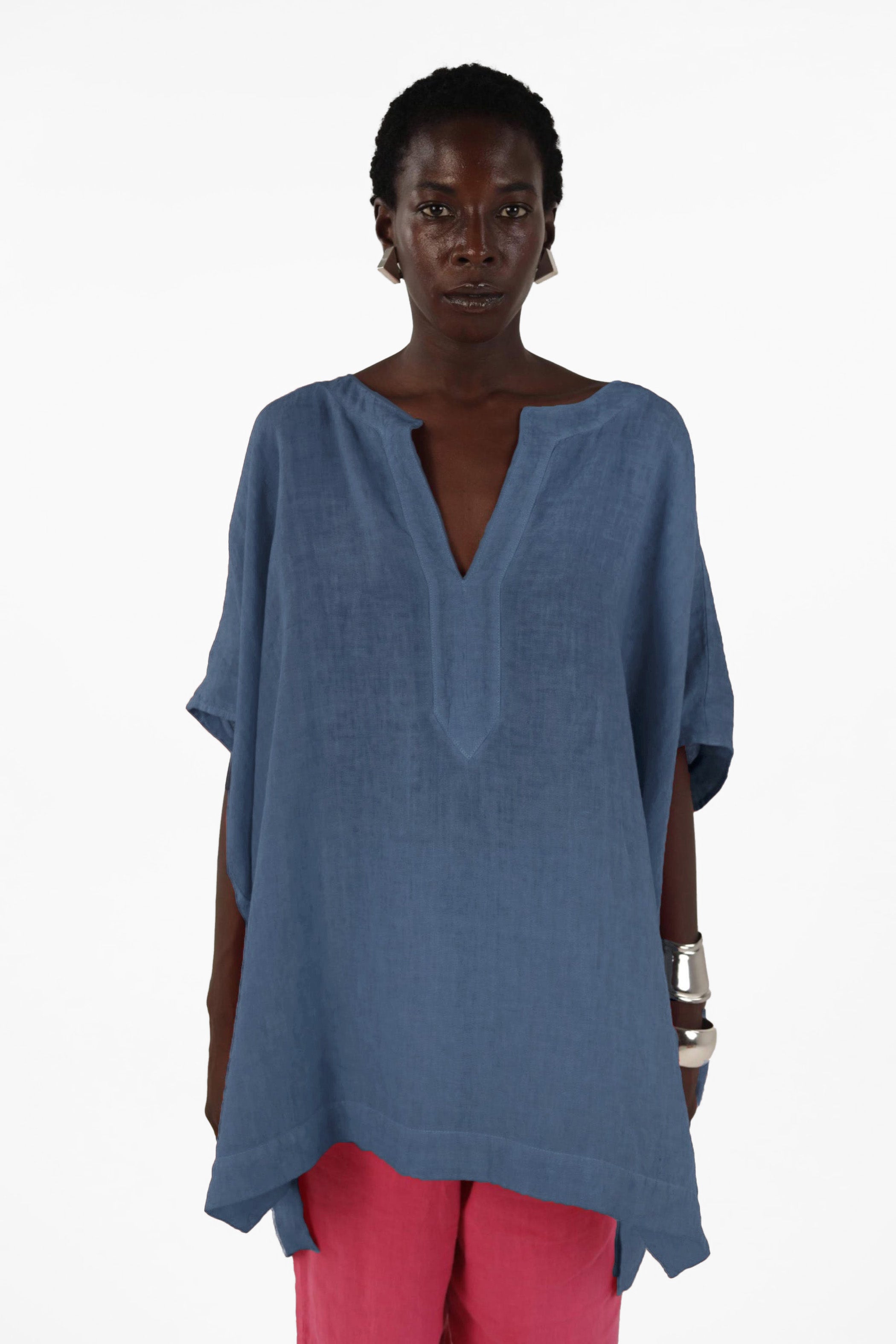Elemente Clemente Boxy V Neck Linen Shirt in Eve Blue