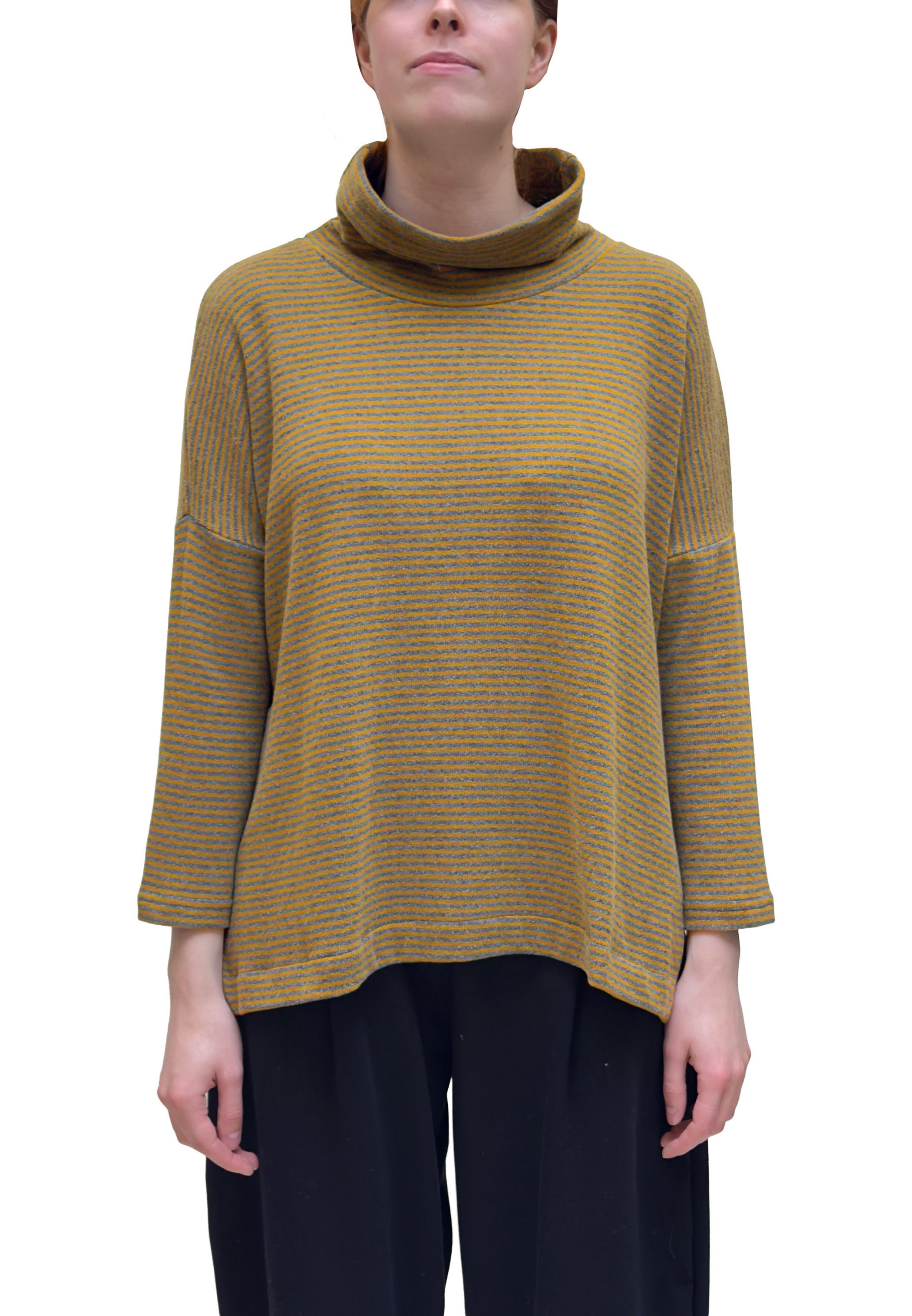 Mama B Cozy Knit Cowl Neck Slit Pullover in Small Grey Stripes