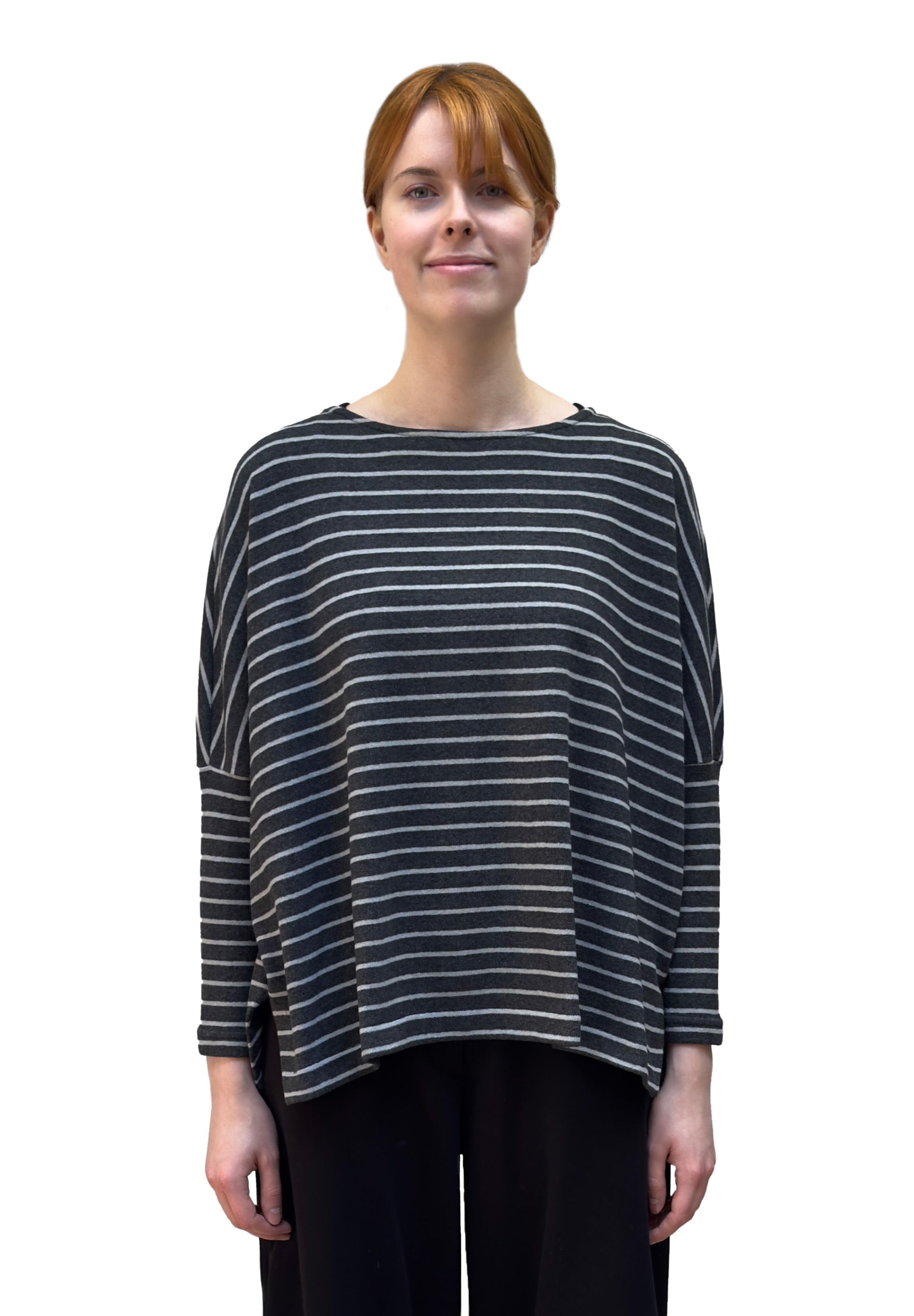 MAMA B Cozy Knit Boxy Round Neck Top in Anthracite Stripes
