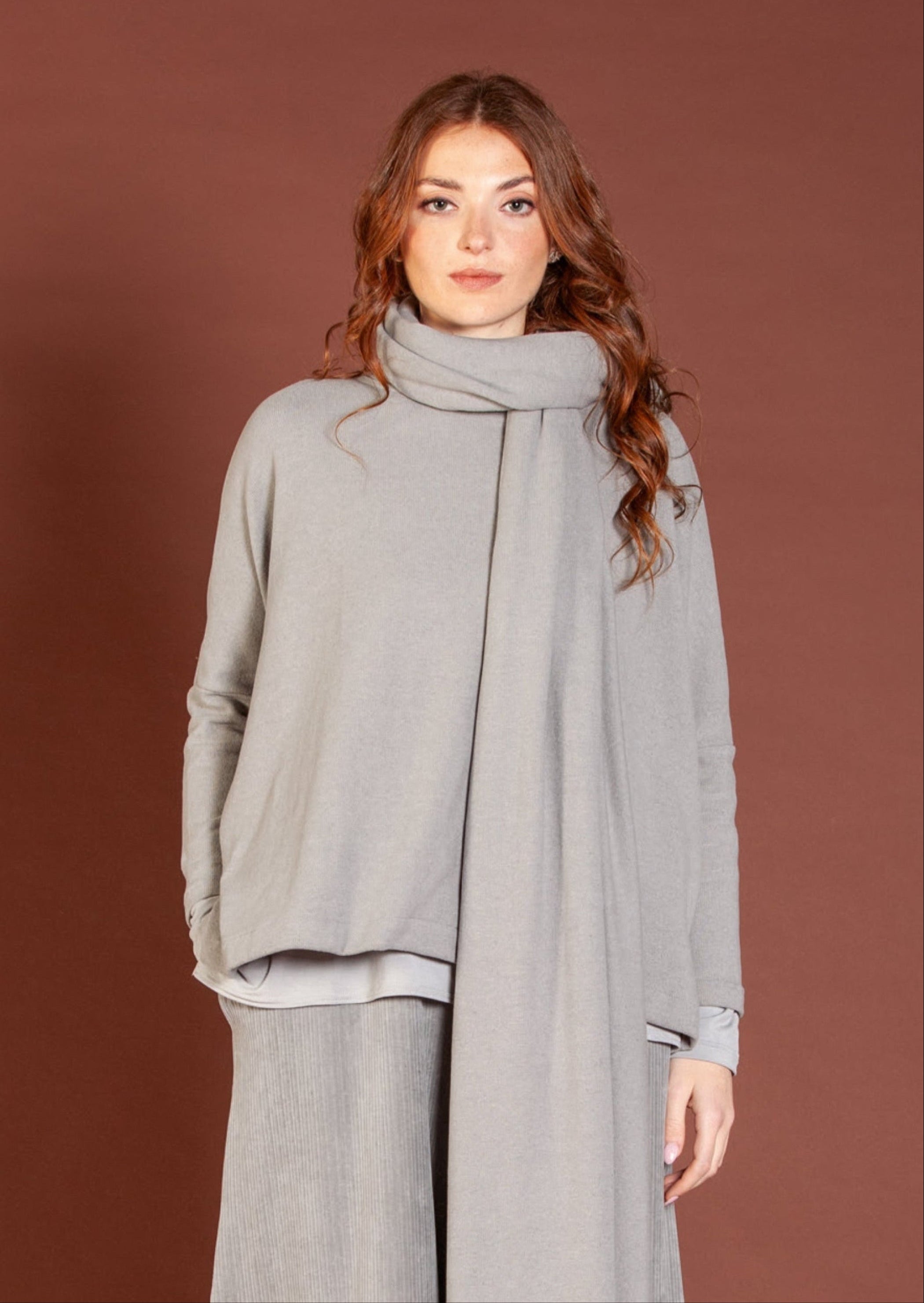 MAMA B Cozy Knit Boxy Round Neck Top in Fog