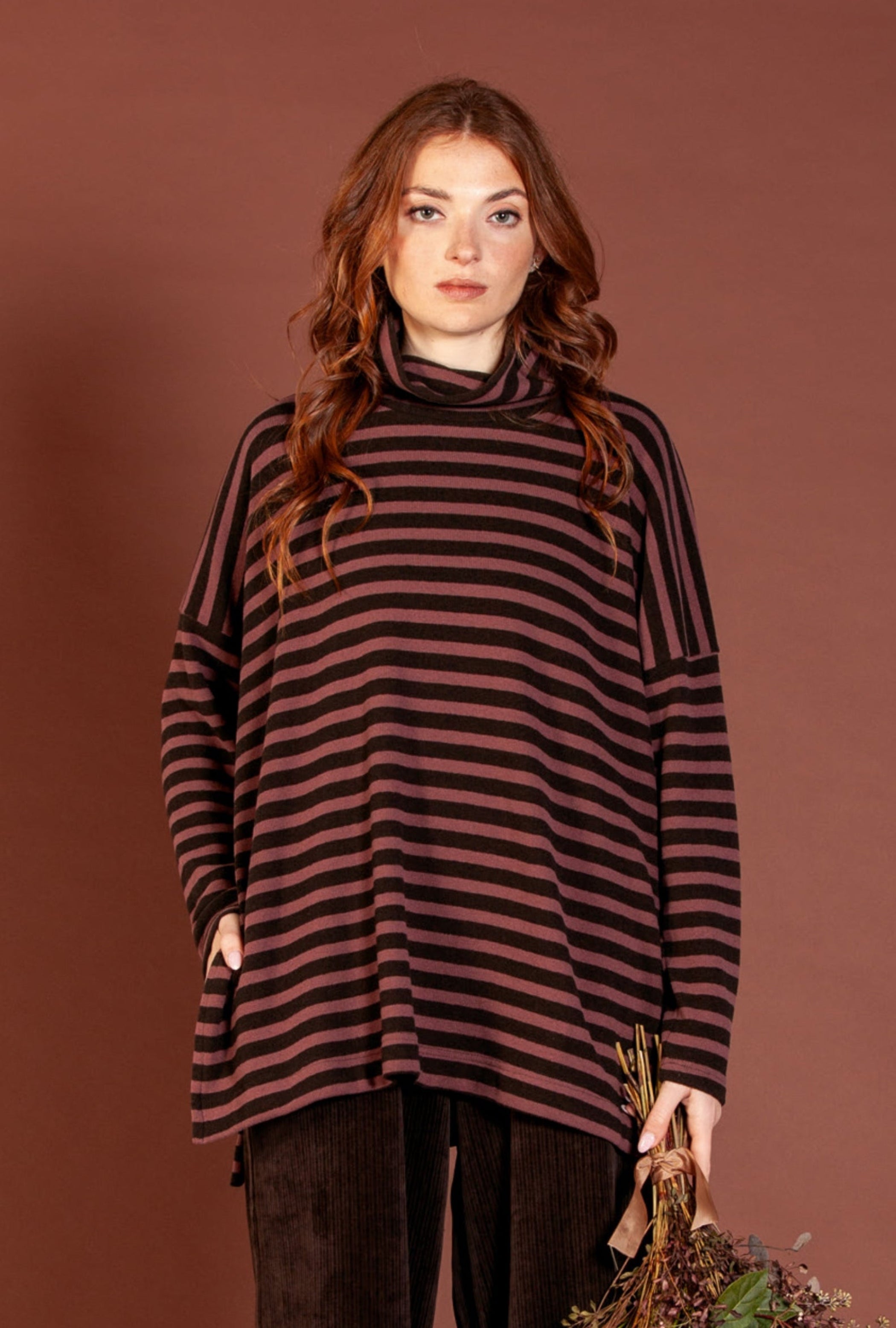 MAMA B Cozy Knit Boxy Turtleneck in Umber Stripes