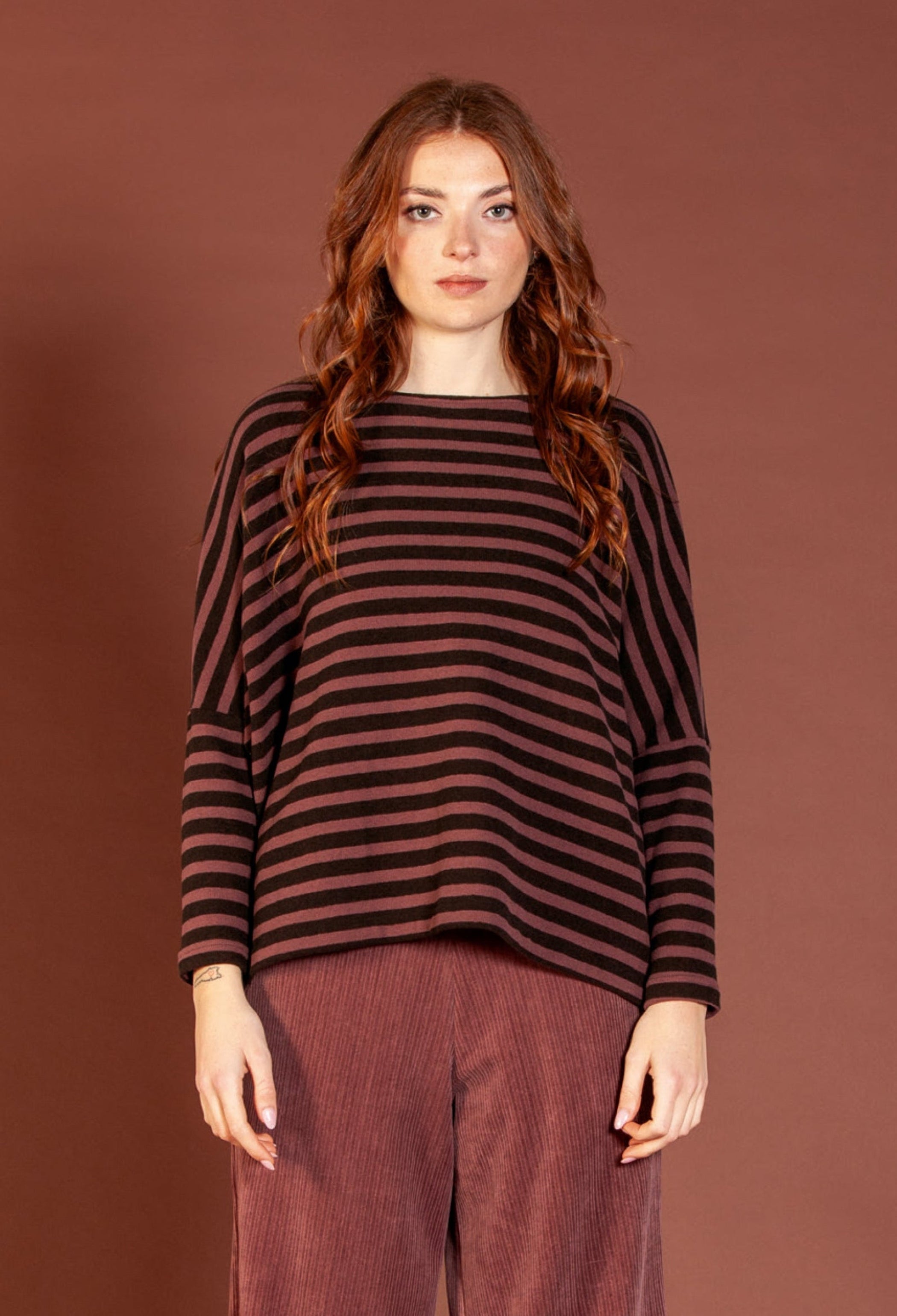 MAMA B Cozy Knit Boxy Round Neck Top in Umber Stripes