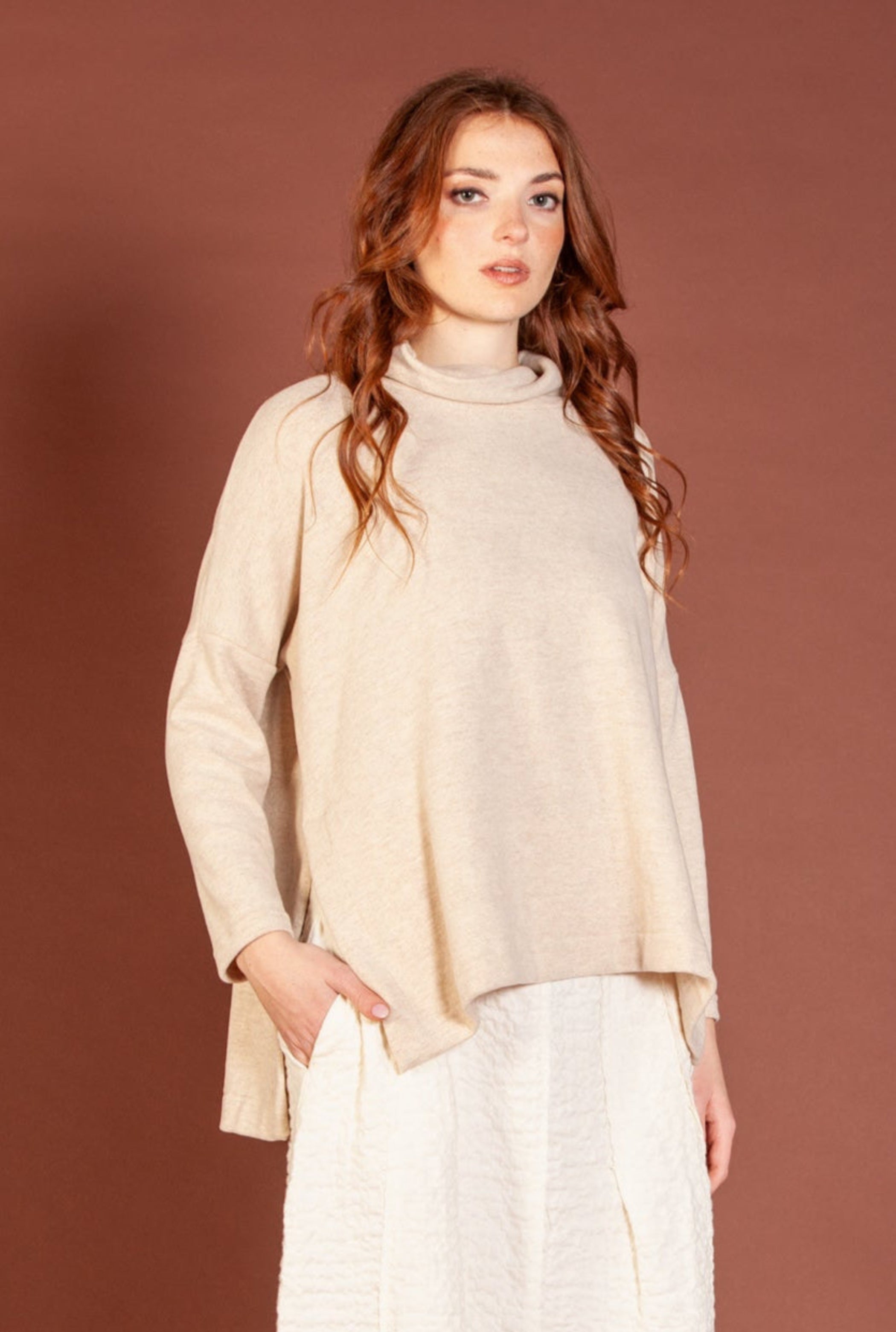 Mama B Cozy Knit Cowl Neck Slit Pullover in Anthracite