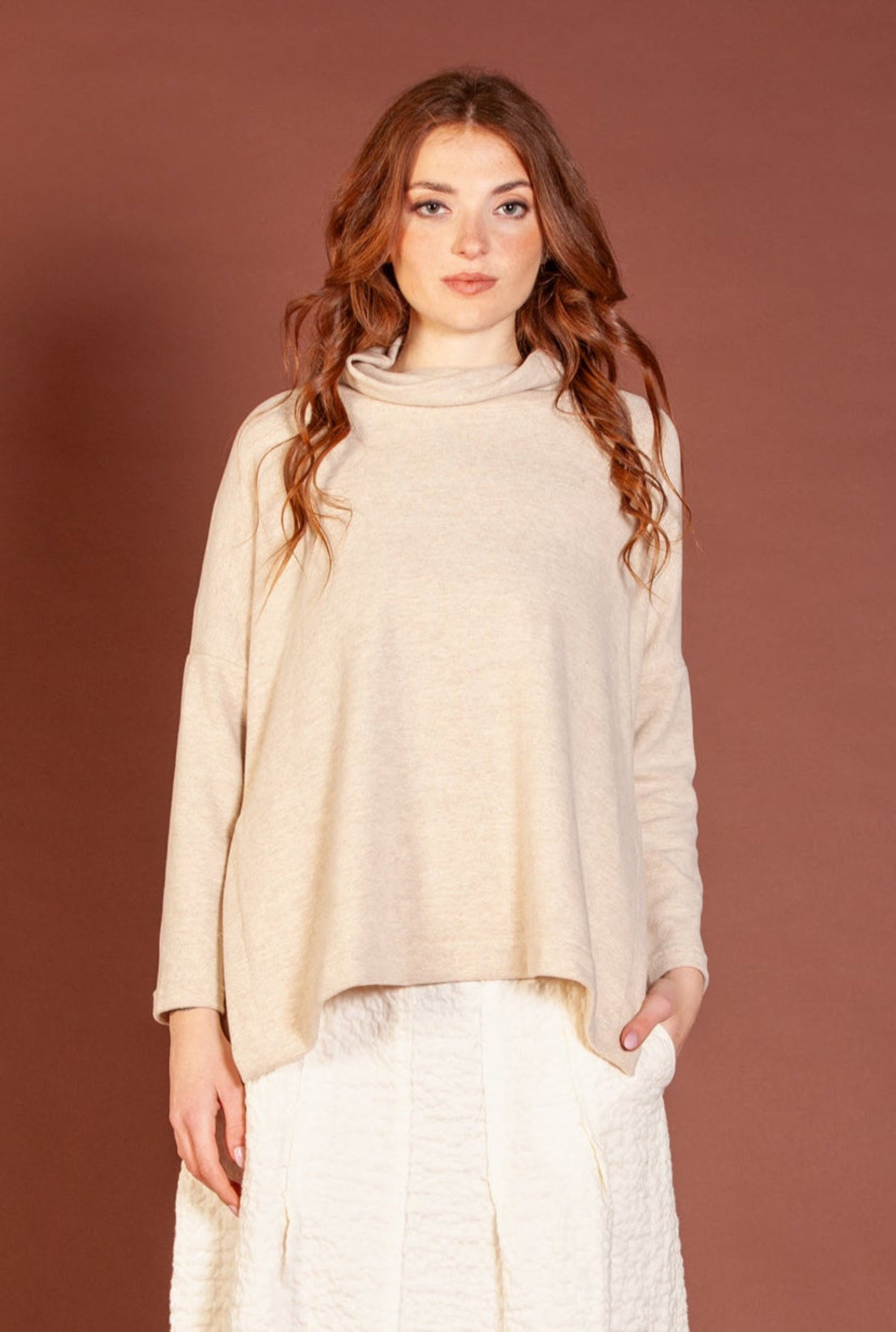 Mama B Cozy Knit Cowl Neck Slit Pullover in Oatmeal