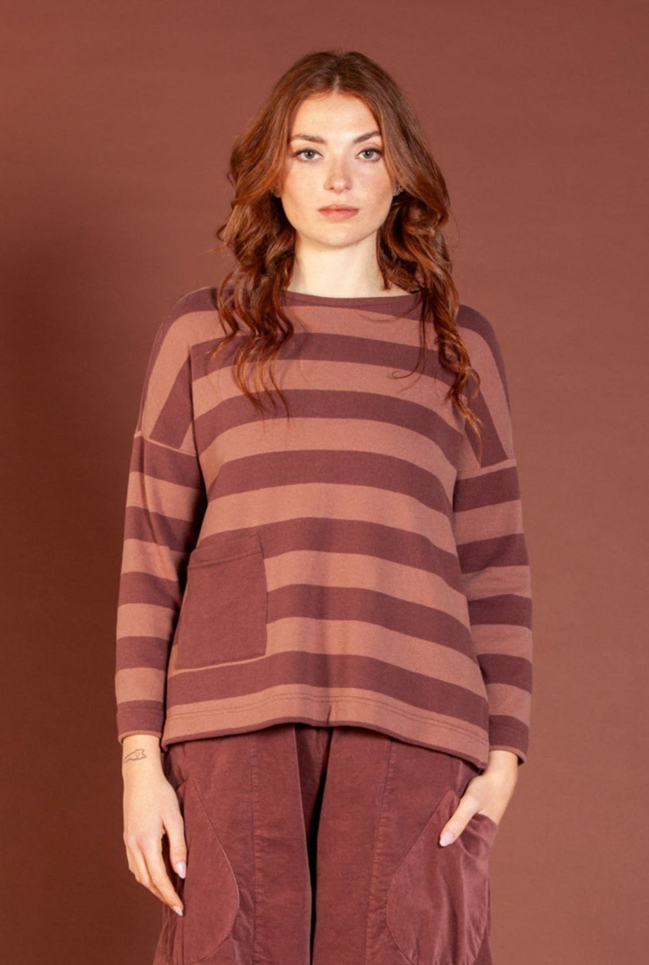 MAMA B Striped Pocketed Top in Dusky Pink
