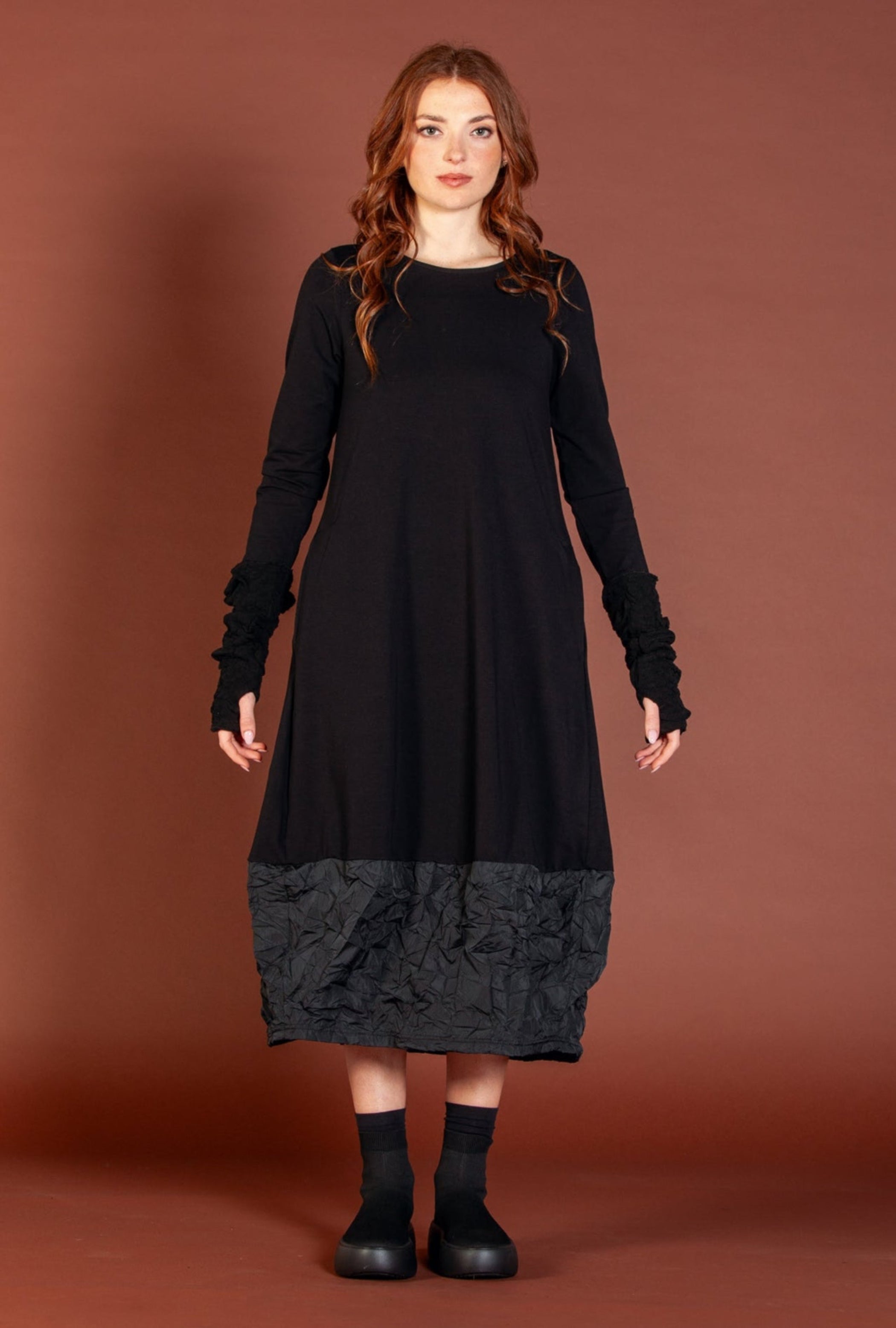 MAMA B Long Jersey Knit and Taffeta Dress in Black