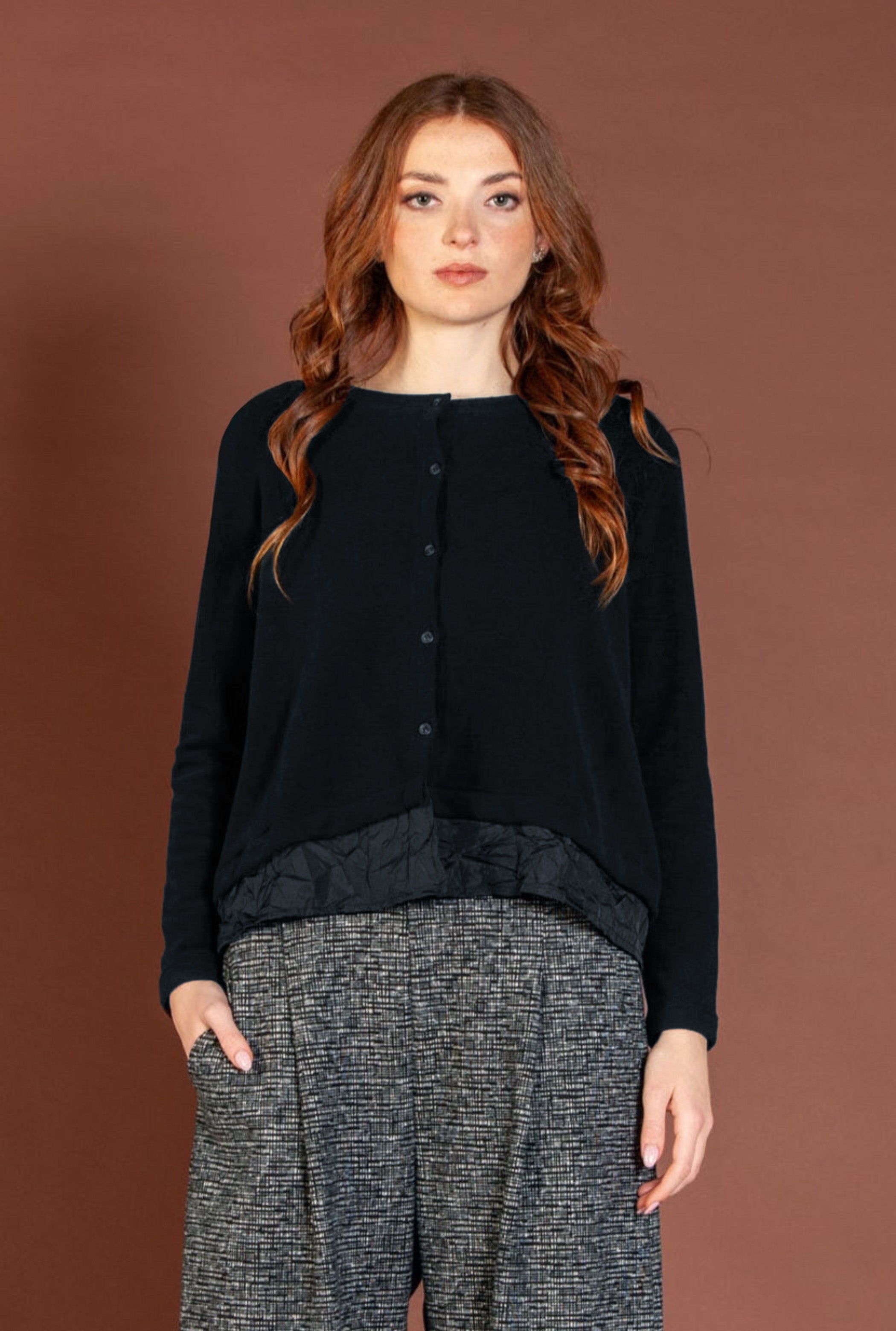 Mama B Cozy Knit and Taffeta A-Line Cardigan in Night