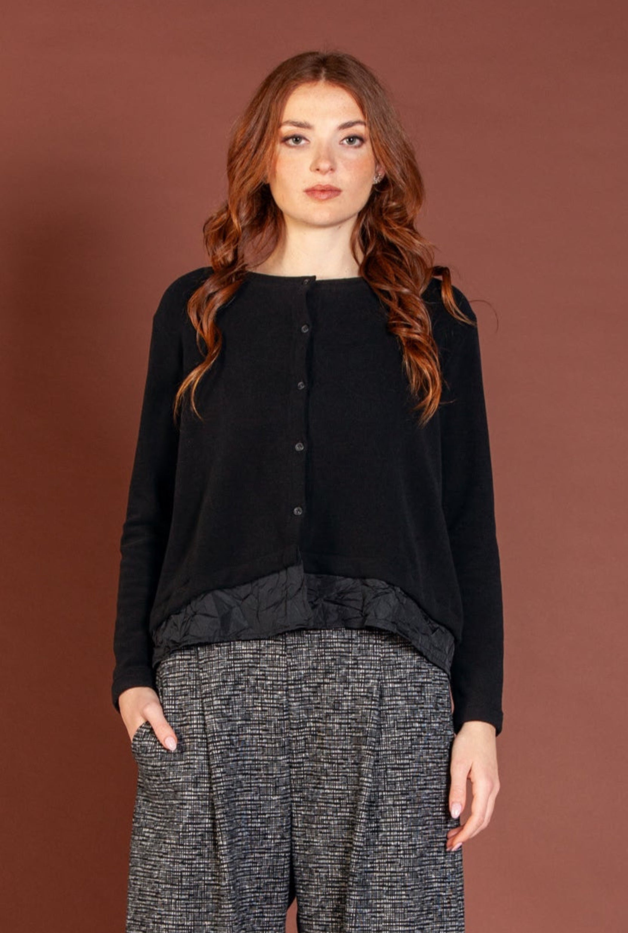 Mama B Cozy Knit and Taffeta A-Line Cardigan in Black